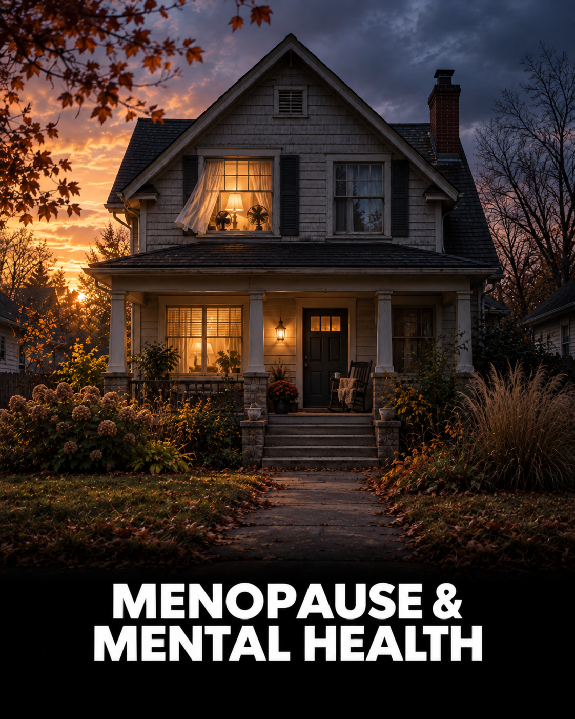 House at changing seasons representing menopause-related mental health, mood, sleep, and emotional changes.