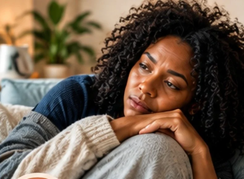 Black woman resting thoughtfully on a sofa in a softly lit home setting