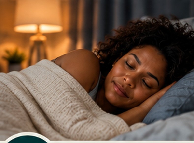 Black woman lying in bed in a softly lit bedroom.
