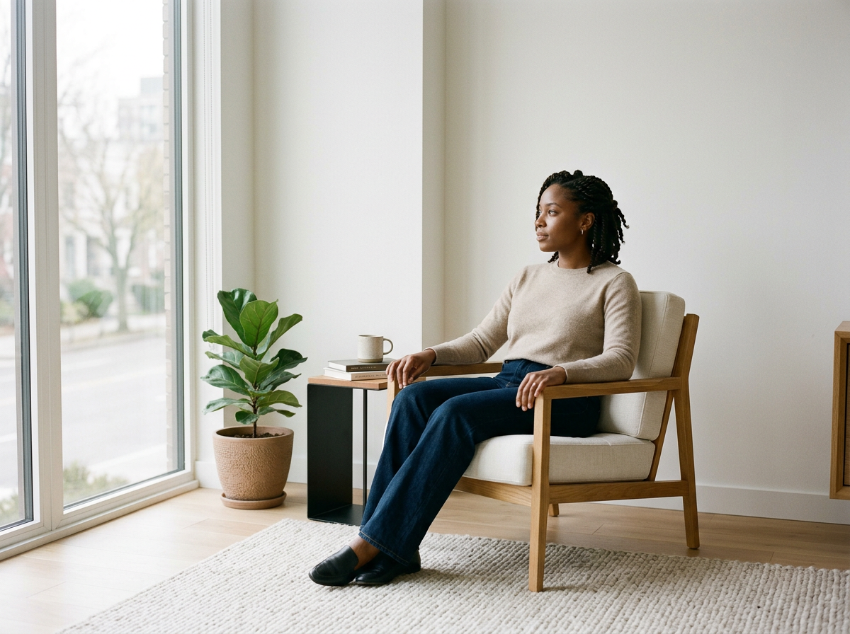 Woman seated by a window in a calm setting, reflecting on her mental health and well-being.