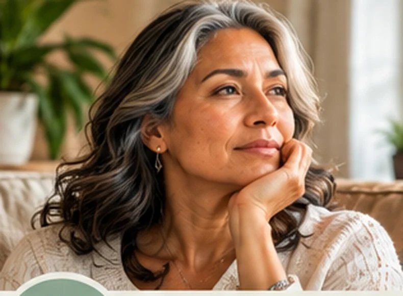 Mature woman with gray hair sitting thoughtfully in a comfortable home.