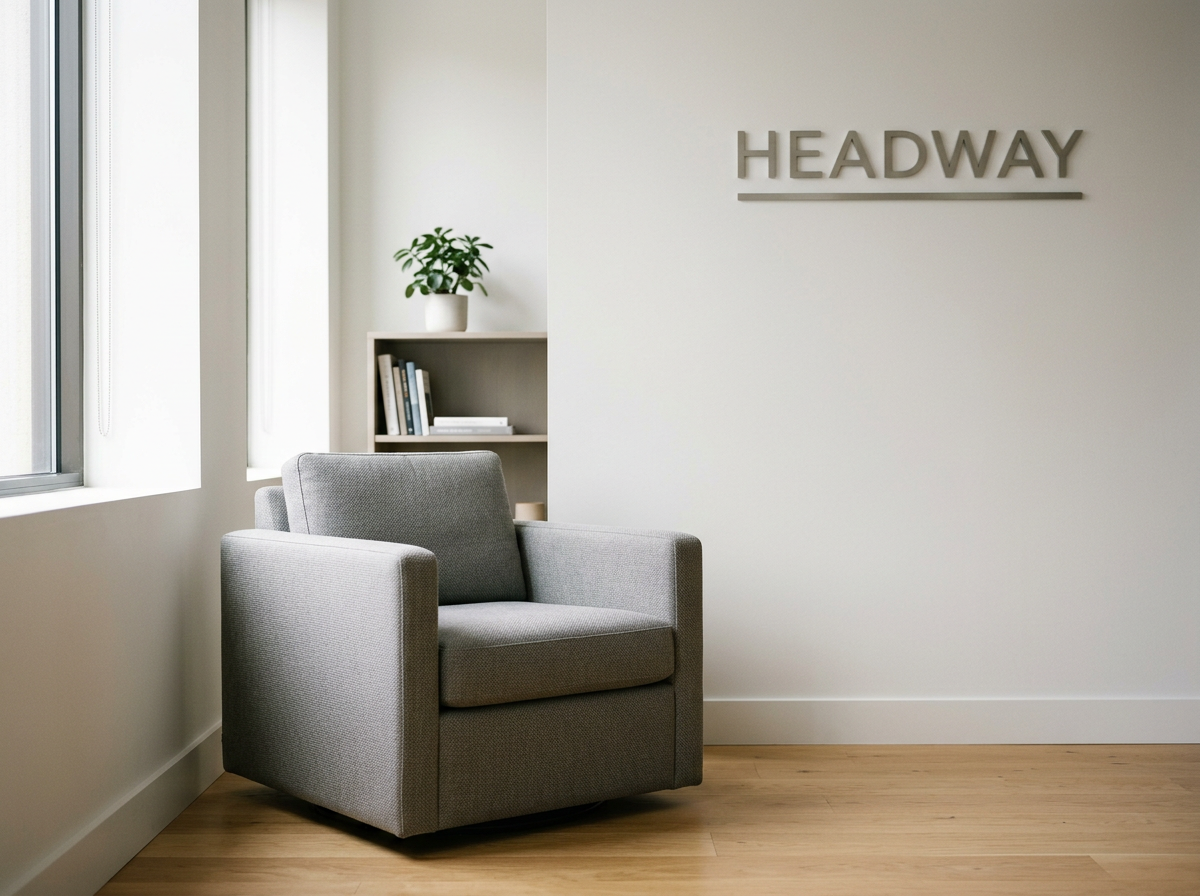 Modern mental health office waiting area with comfortable seating, books, and plants.