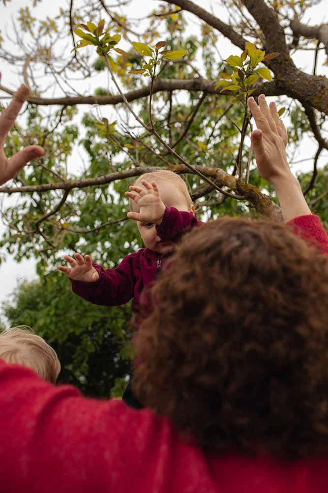Naturlig familjefotografering där pappa leker med barn i trädgården, vardagliga ögonblick fångade utomhus i Skåne