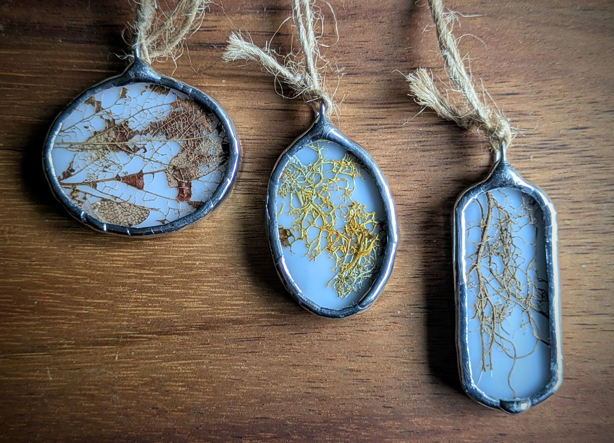 Pendants - White Stained Glass Backed with Skeleton Leaves, Lichen, and Plant Roots