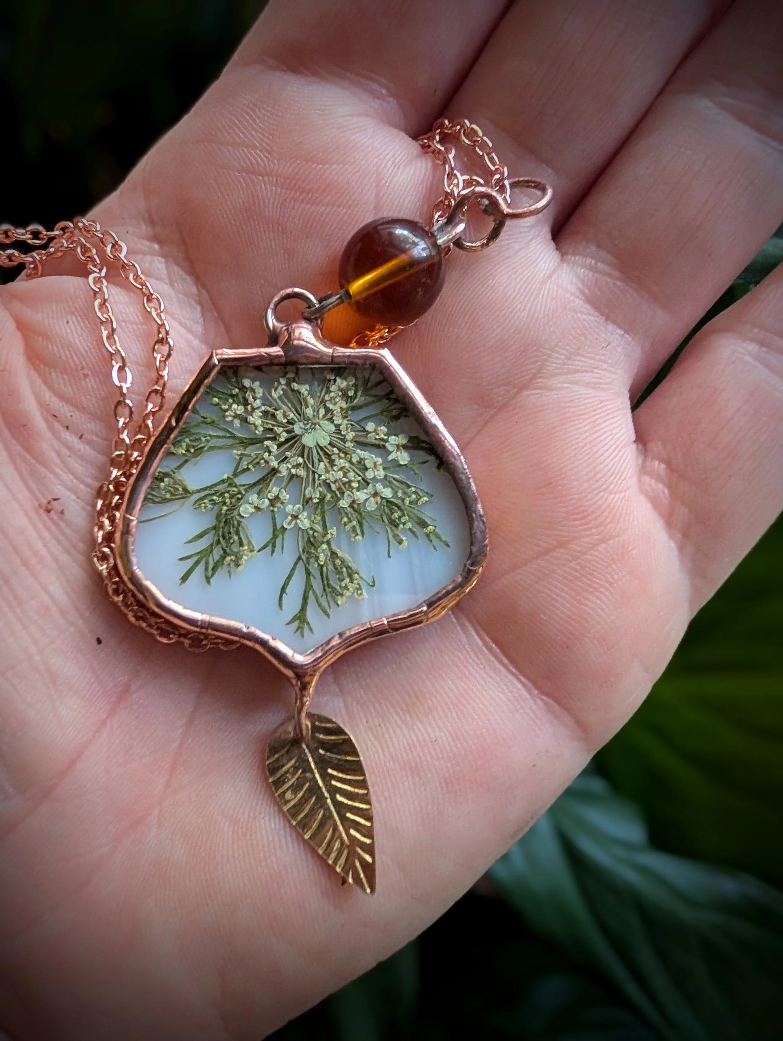 Copper Stained Glass Necklace with Wild Carrot