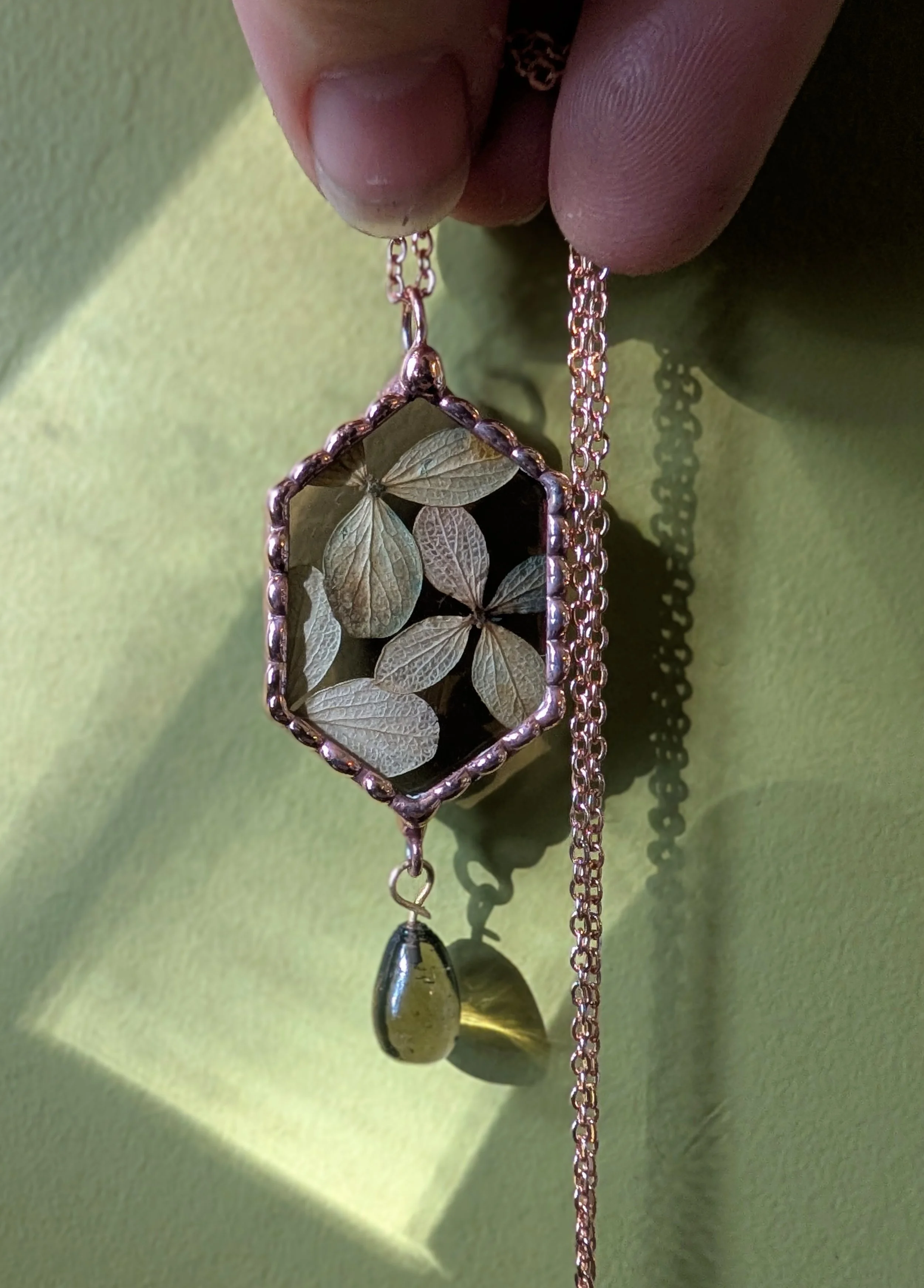 Copper Stained Glass necklace with Rainbow Hydrangea