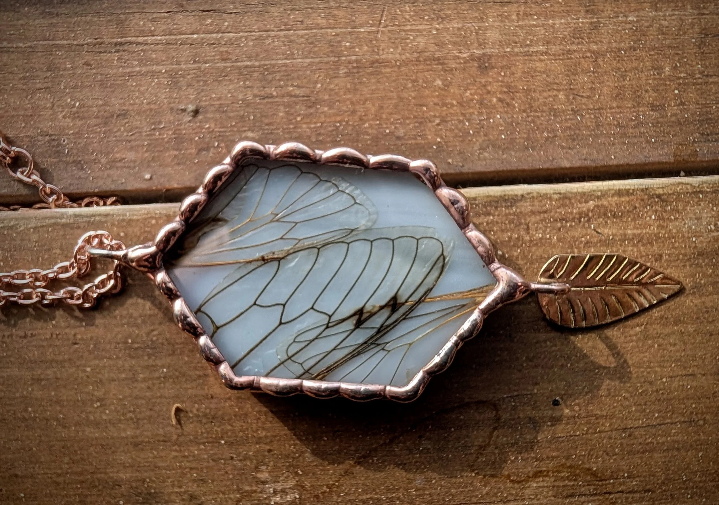 Copper Stained Glass Necklace with Real Cicada Wings