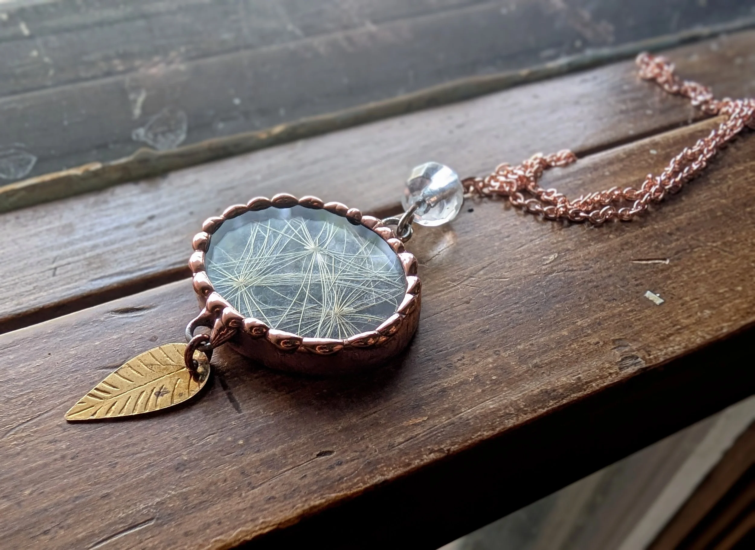 Copper Stained Glass Necklace with Salsify Seeds
