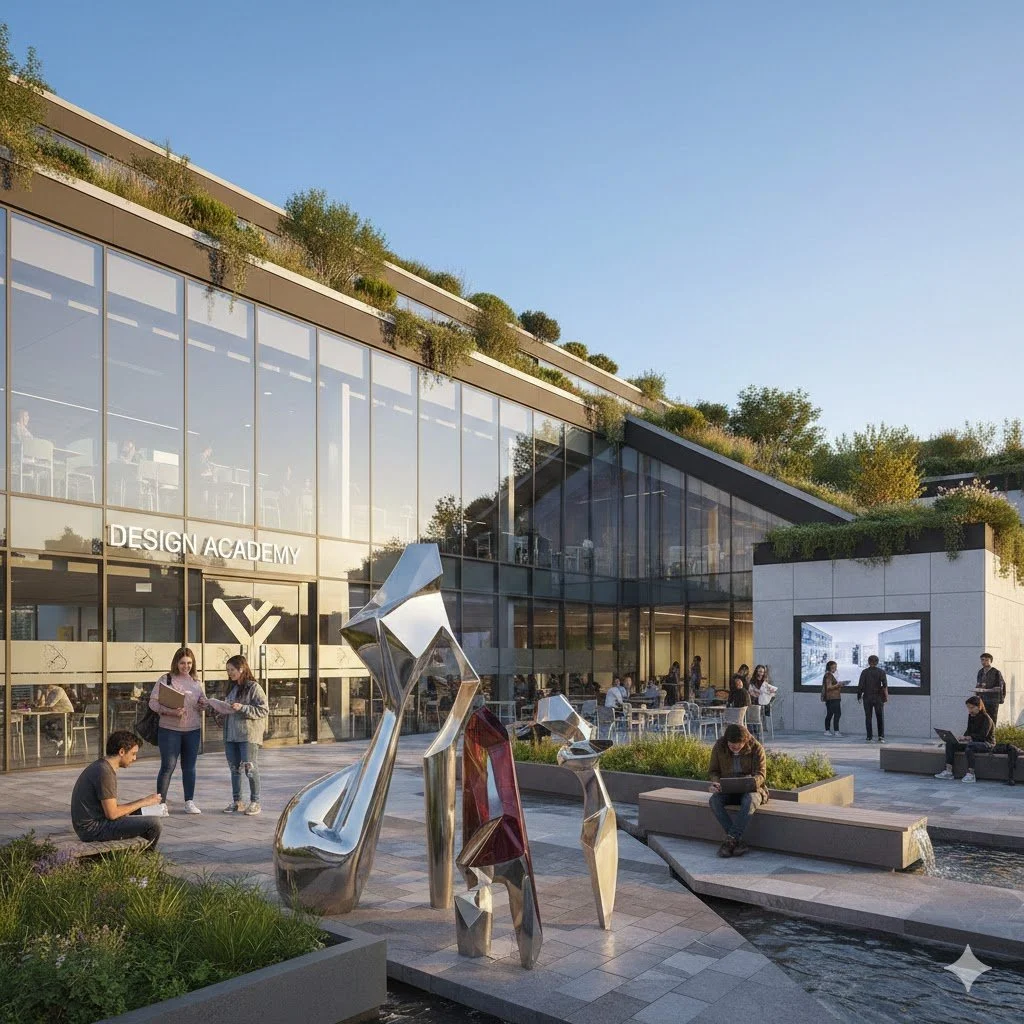 The image contains students lingering, studying, and socializing outdoors in front a wall of glass on a building labelled Design Academy. The building has a green roof and a concrete paver courtyard with a modern water feature.