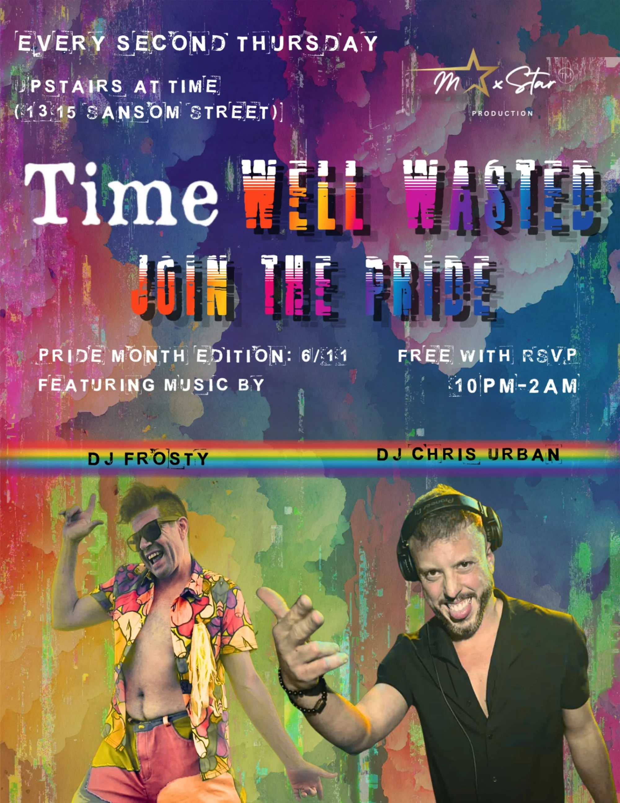 #Pride = lots of dancing, right?? 👀🪩 We think so! 🏳️&zwj;🌈 Dance lound and proud w/ @dj_frosty + @djchrisurban on Thursday (6/11) at @timerestaurant 🥂💜 FREE w/ RSVP, 🔗 in bio! ✨
‼️ Please note, this event time has changed to 10pm-2am ‼️
.
.
.
