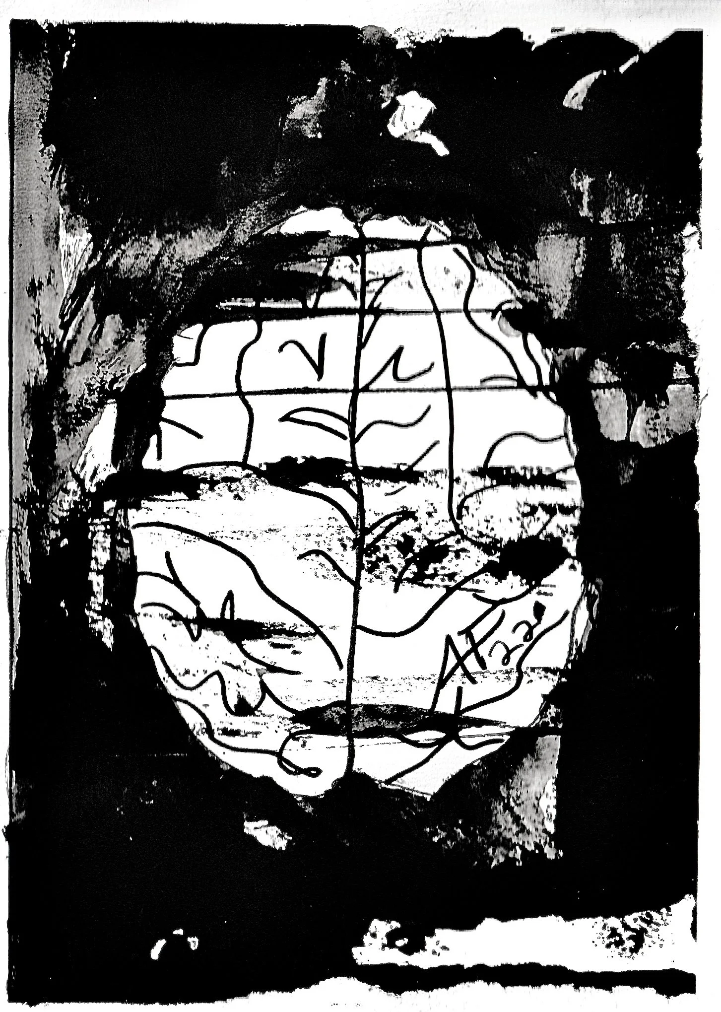 Abstract black and white painting with circular window, brush strokes, lines, and shapes.