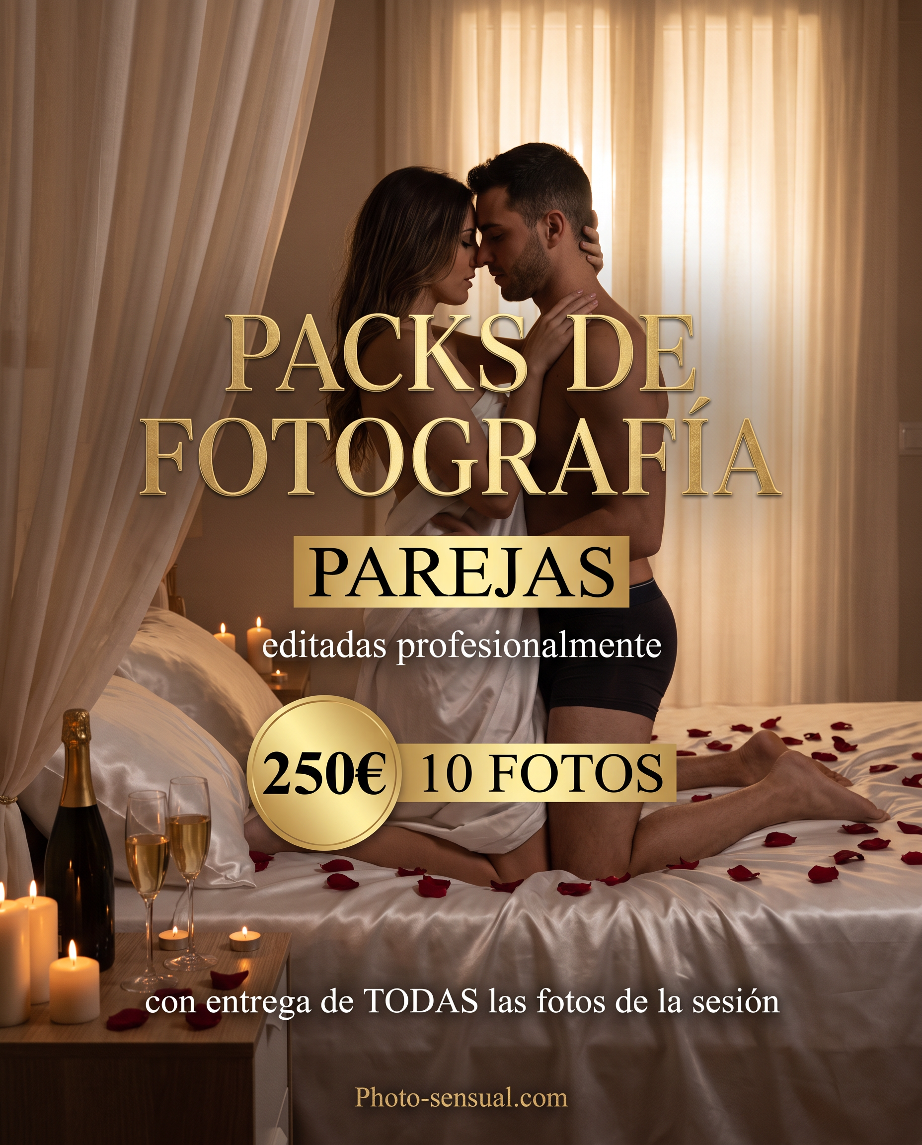 Pareja formada por hombre y mujer posan sensualmente en actitud amatoria en una sesión de fotografia intima boudior