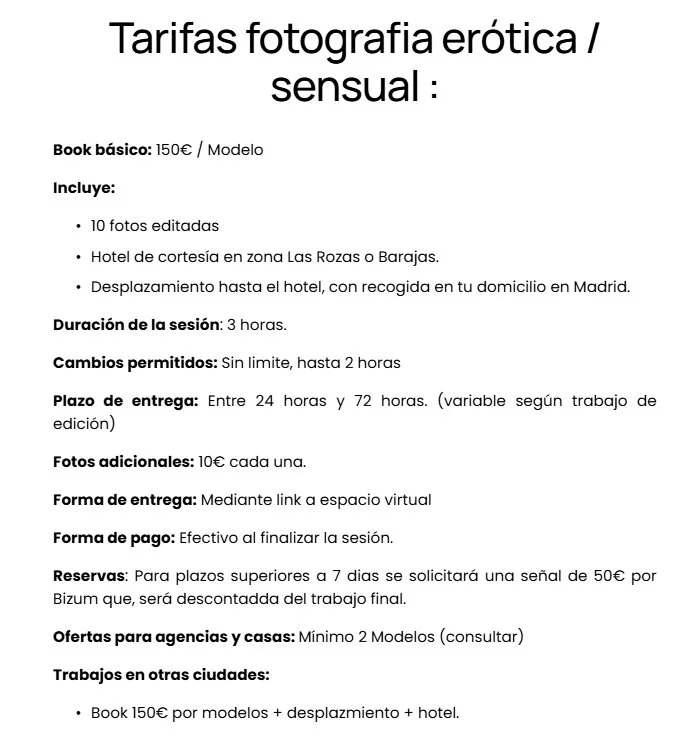 Tarifas para sesiones de fotografía erótica o sensual, incluyendo detalles del paquete, duración, cambios, entrega, pago, reservaciones, ofertas para agencias, y trabajos en otras ciudades.