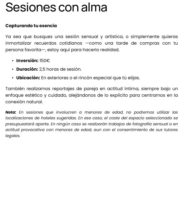 Texto sobre sesiones con alma, captura tu esencia, con detalles sobre inversión, duración y ubicación.
