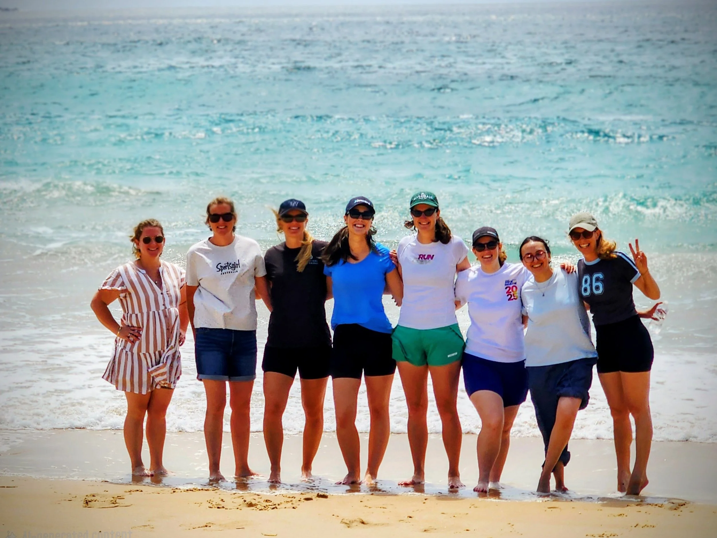 Group of eight women standing on the beach near the ocean, smiling and posing with arms around each other during daytime.