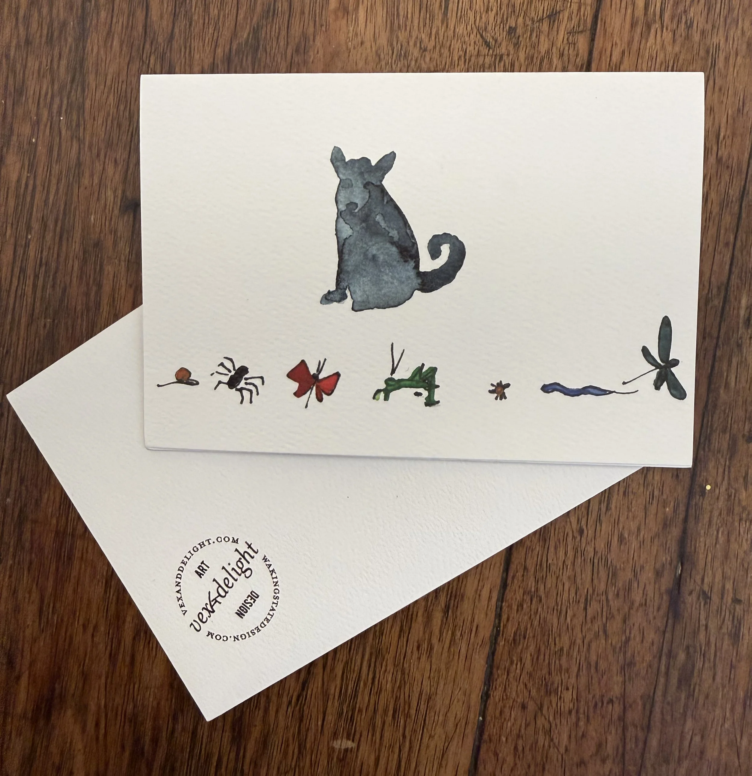 Original Art Blank Card featuring one Small Black Dog with Bugs– with envelope