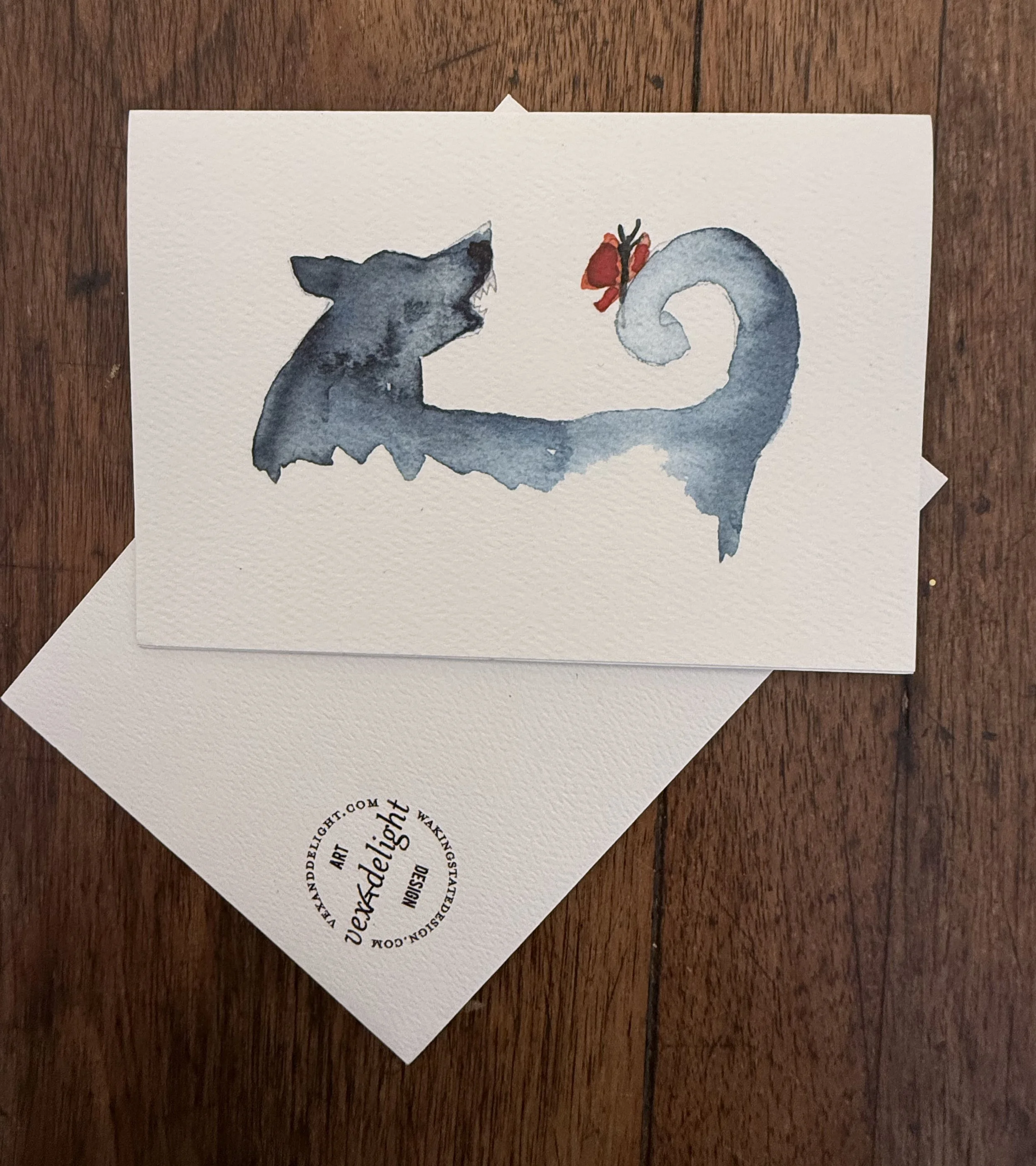 Original Art Blank Card featuring one Small Black Dog and Butterly running close up– with envelope