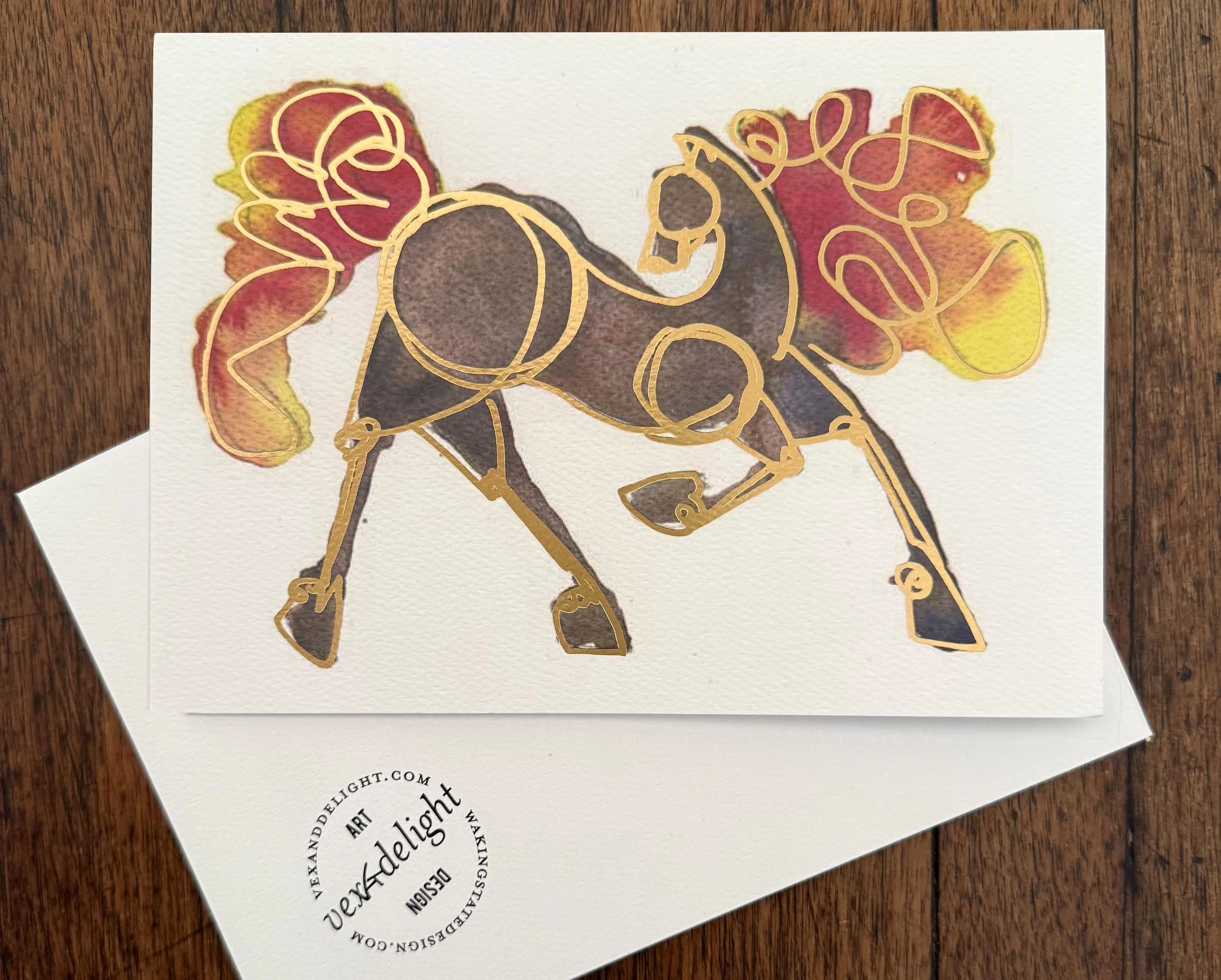 Fire horse - siena colored, watercolor, gold foil blank 7" x 5" cards with envelope