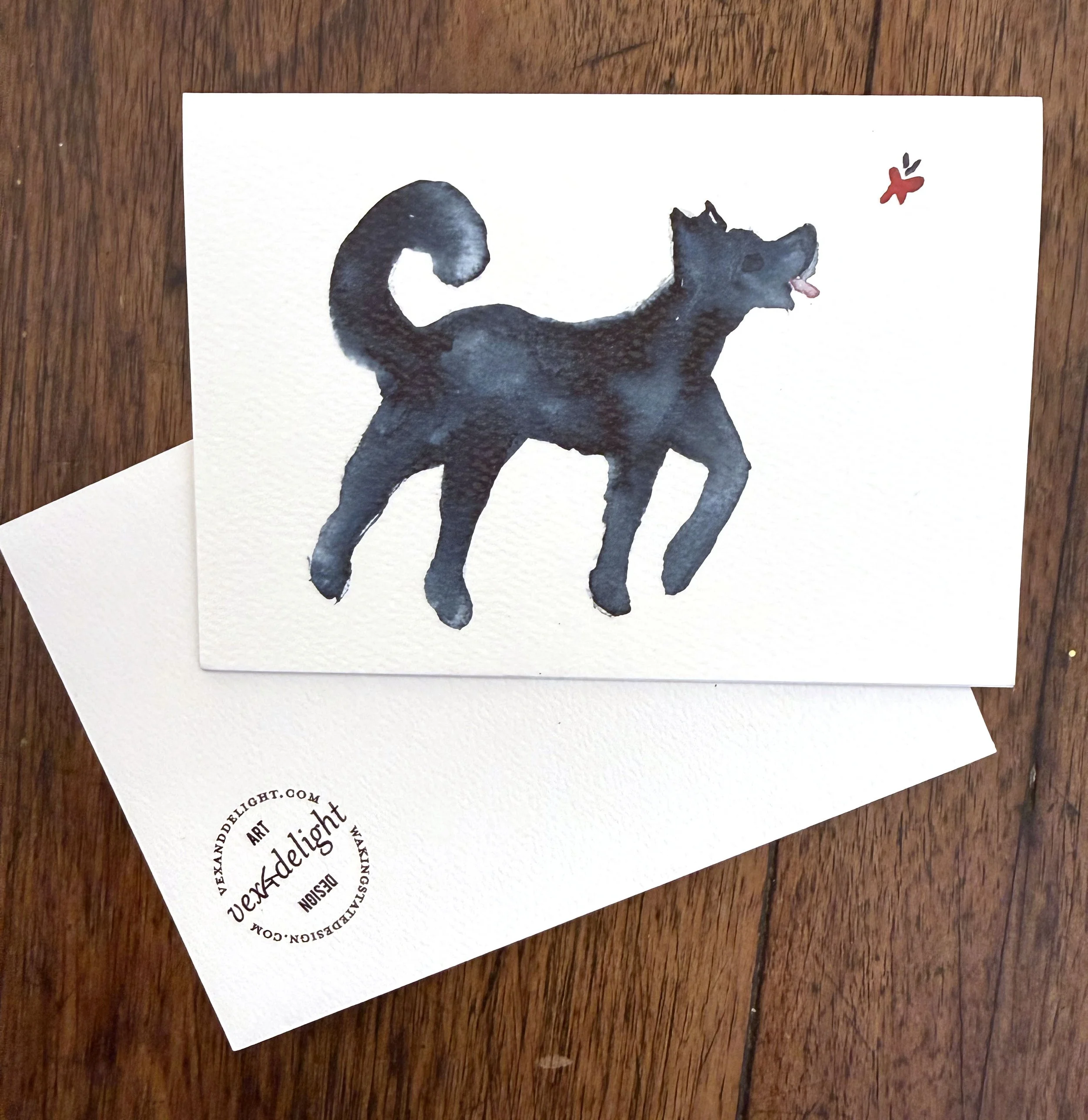 Original Art Blank Card featuring one Small Black Dog and Butterly– with envelope