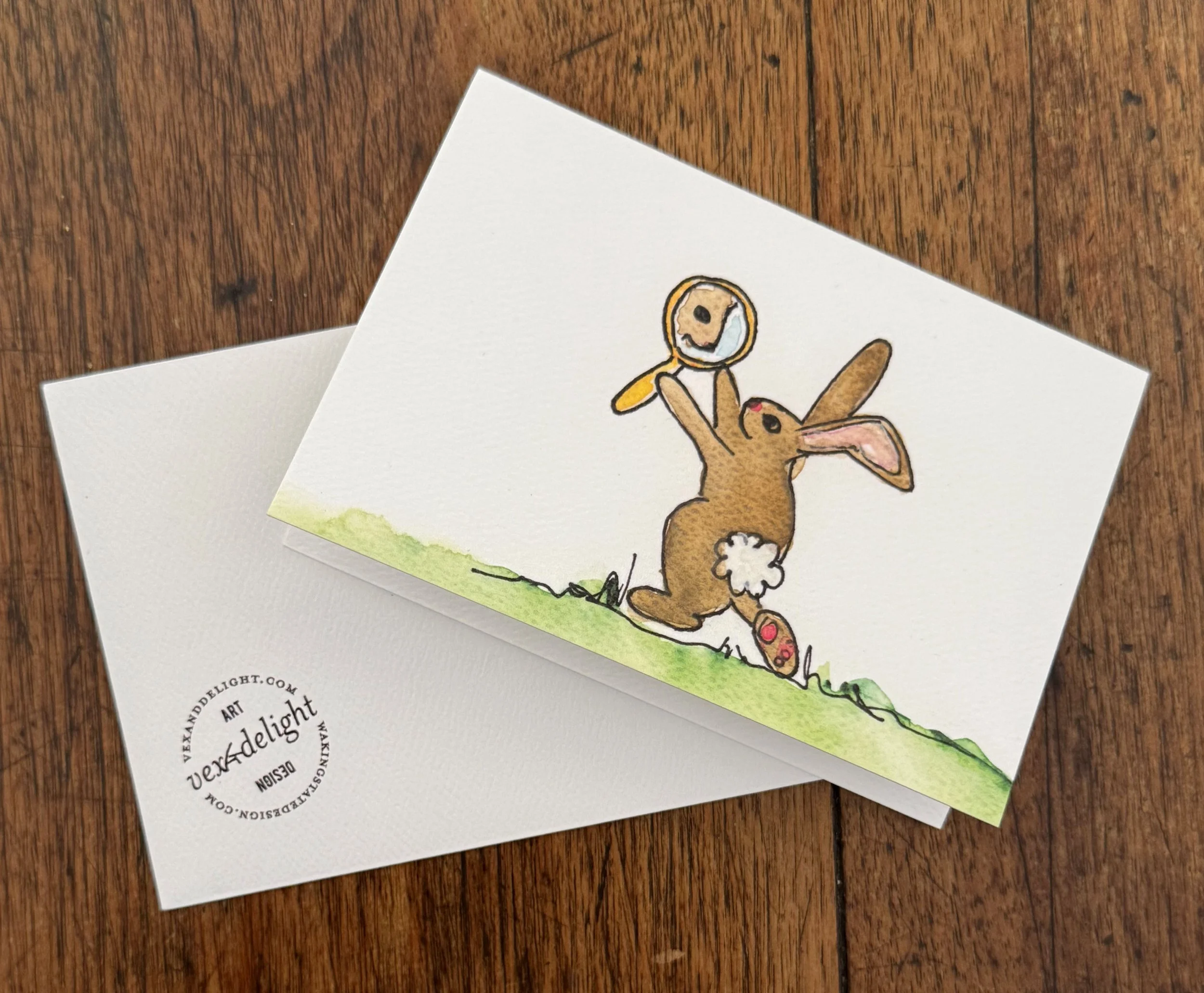 Original Art Blank Card featuring a bunny looking in a mirror – with envelope