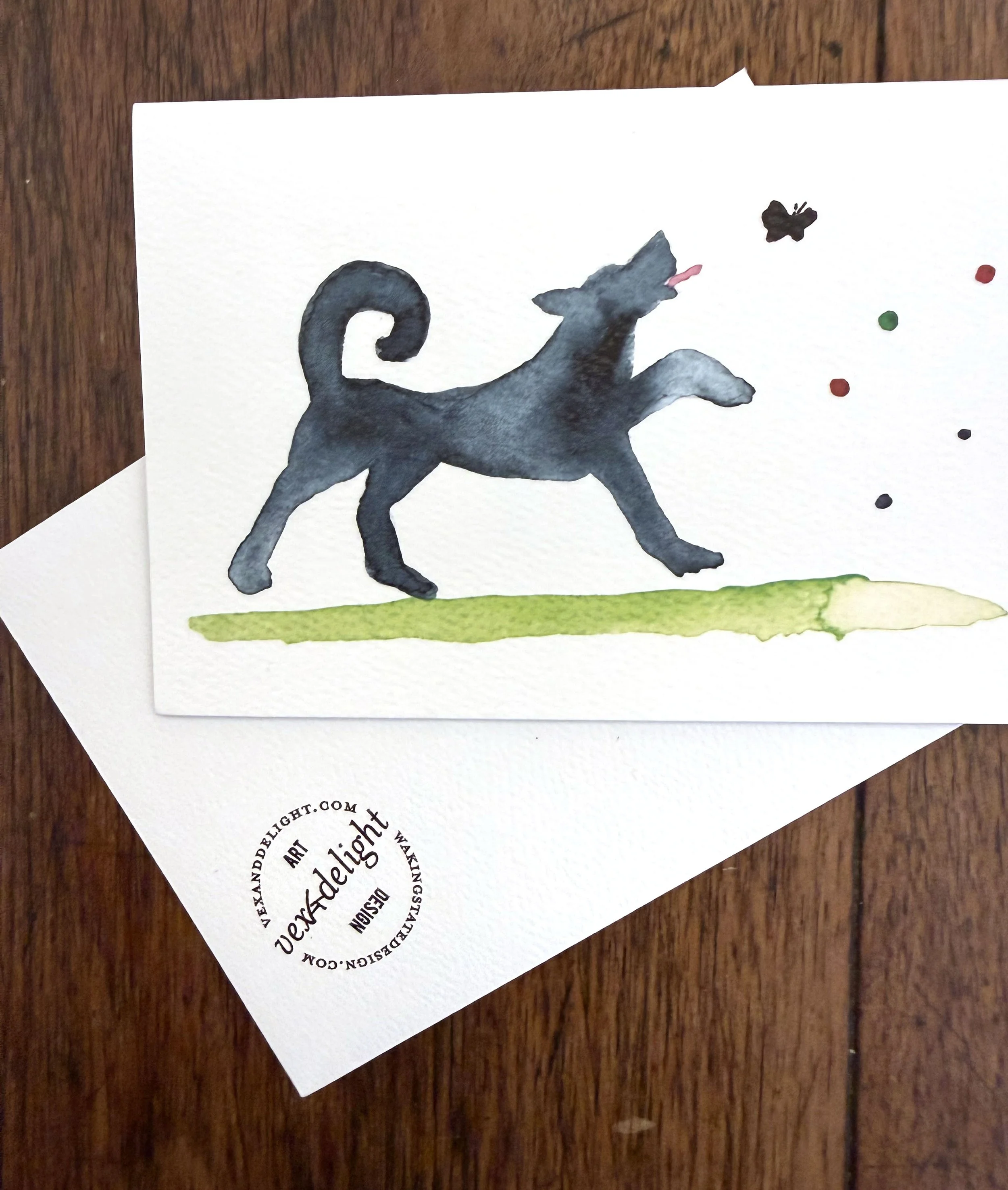 Original Art Blank Card featuring one Small Black Dog and Butterly running on the grass– with envelope