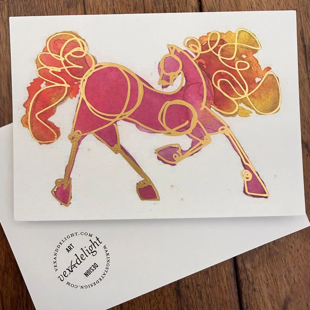 Fire horse - pink colored, watercolor, gold foil blank 7" x 5" cards with envelope