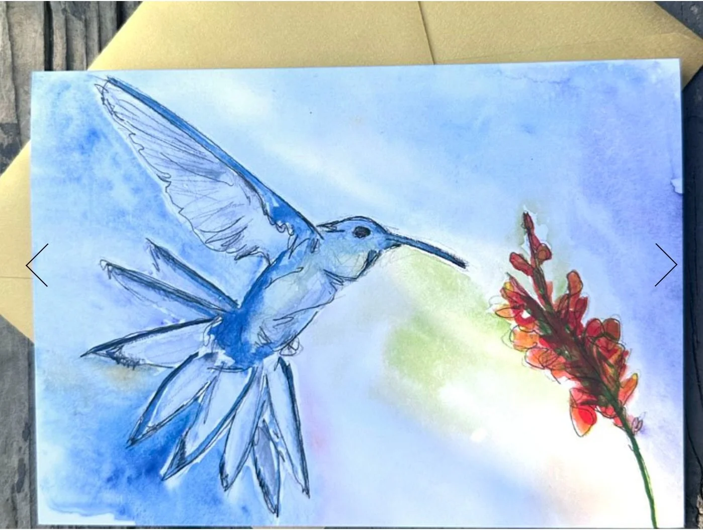 Hummingbird with flower – original art blank card with envelope