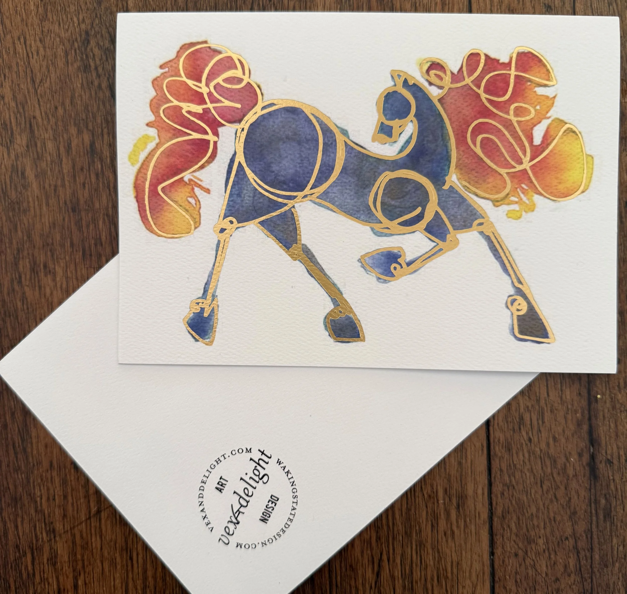 Fire horse - blue colored, watercolor, gold foil blank 7" x 5" cards with envelope