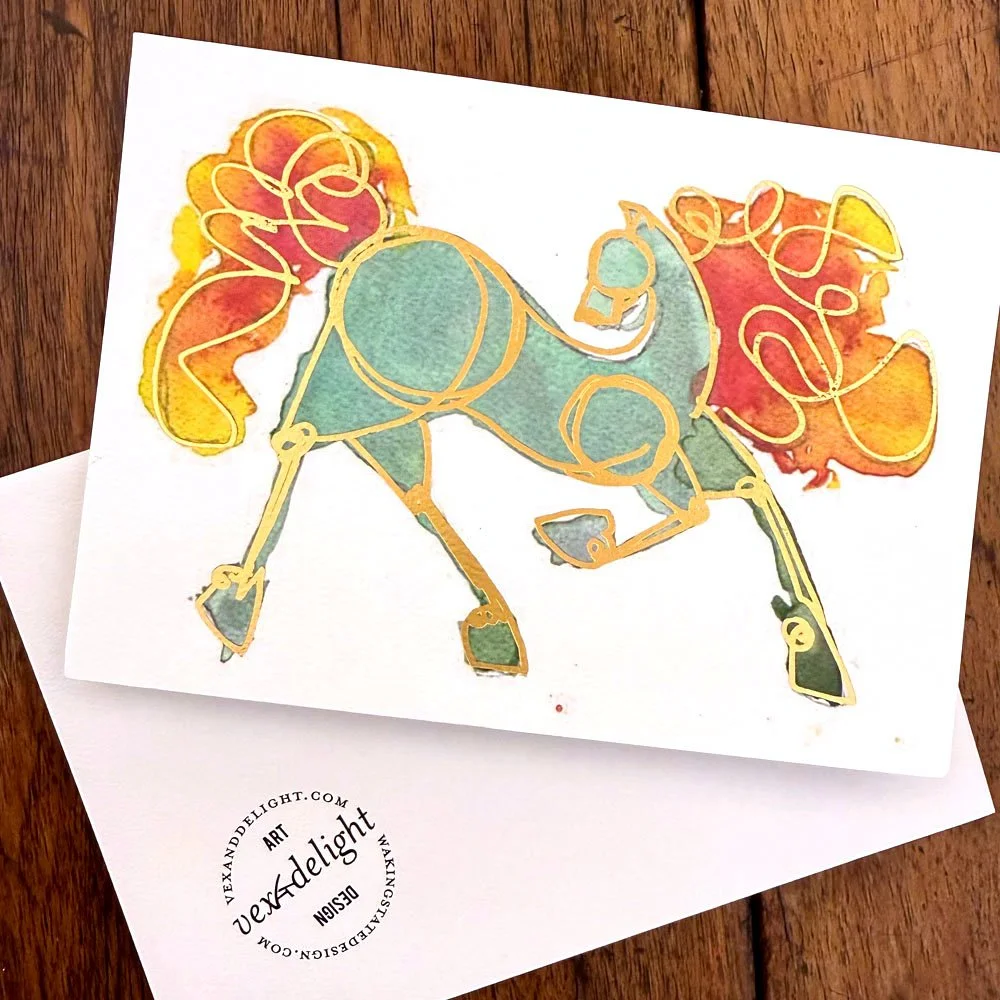 Fire horse - sea foam green colored, watercolor, gold foil blank 7" x 5" cards with envelope