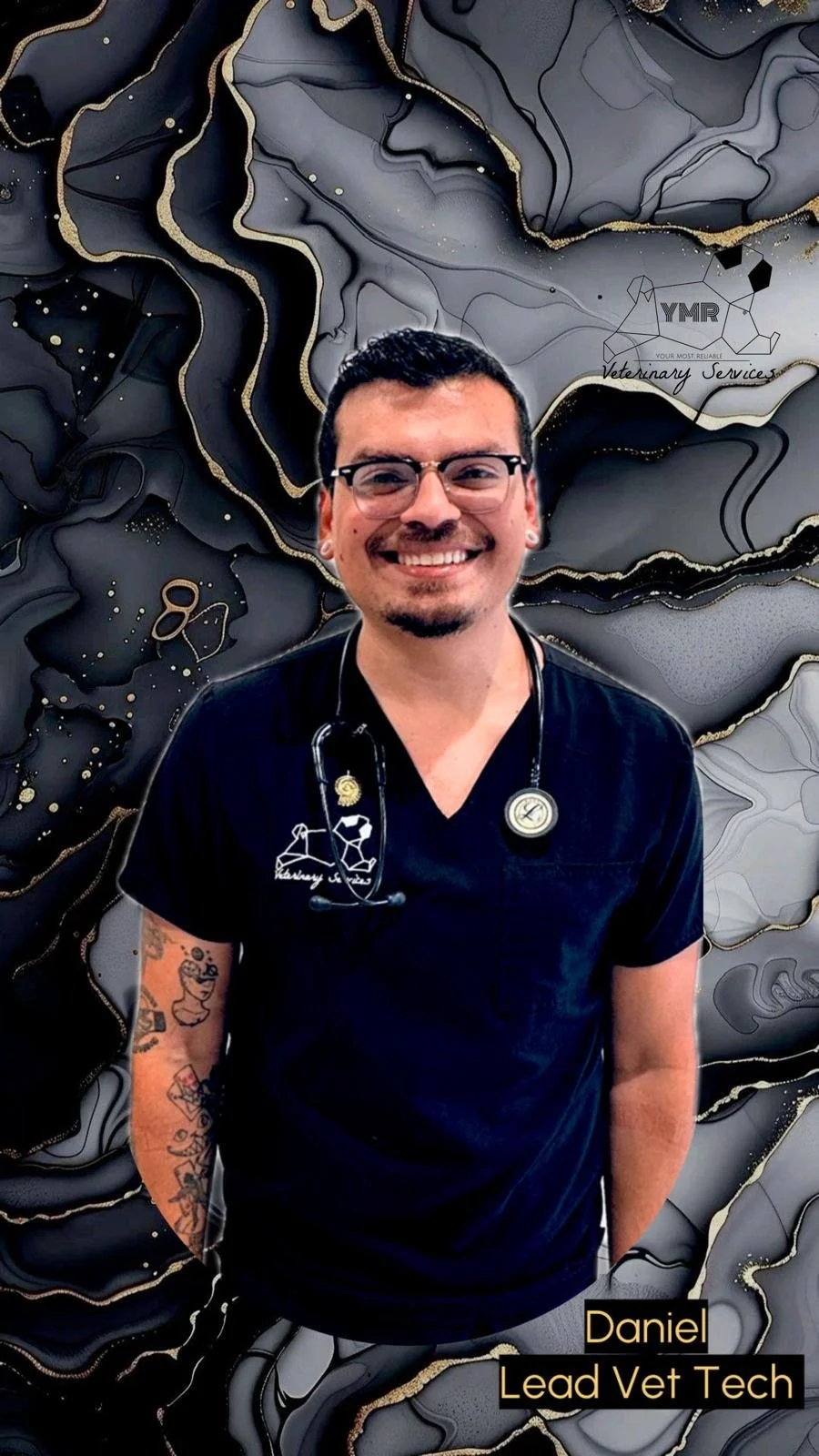 Portrait of Daniel, Lead Vet Tech, smiling, wearing black scrubs with a stethoscope around his neck, standing in front of a black and gray abstract background with gold accents, and a logo for veterinary services.
