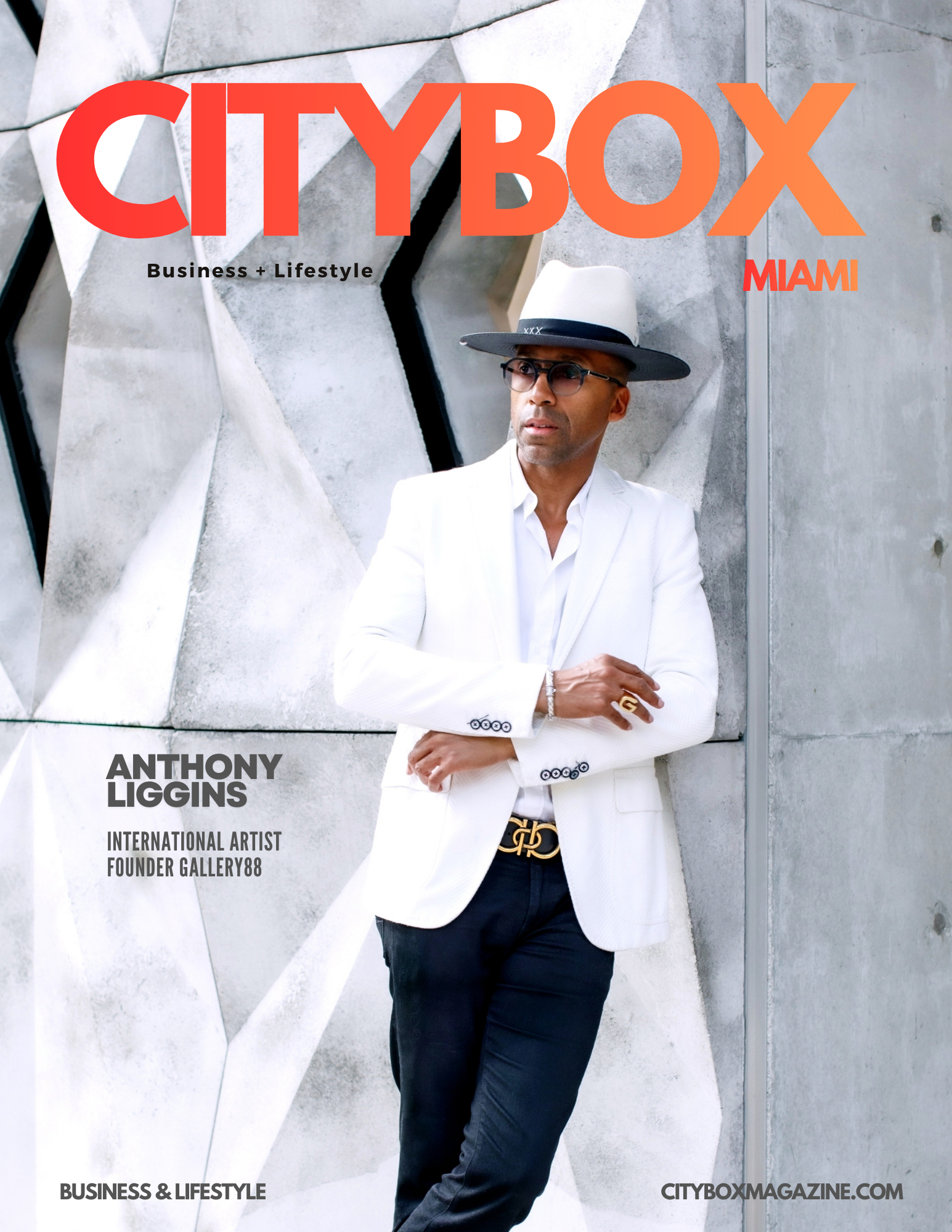 Anthony Liggins, International Artist and Founder of Gallery88 in Miami Beach, featured on the cover of CityBox Magazine’s Miami Pre-Launch Edition.