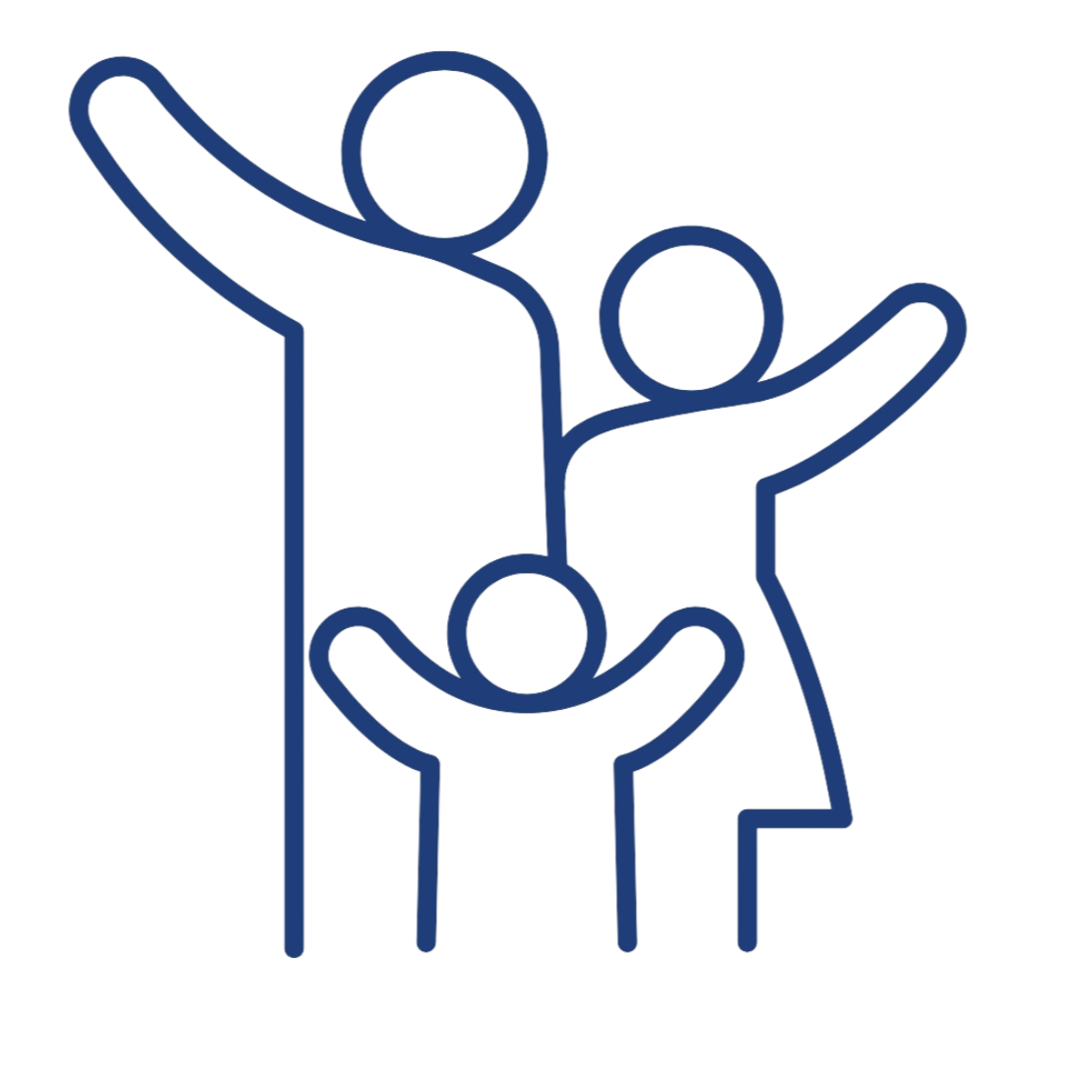 Simple line drawing of three people, with one adult and two children, all smiling and raising their arms.