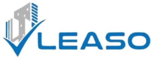 LEASO company logo featuring stylized city buildings with a checkmark.