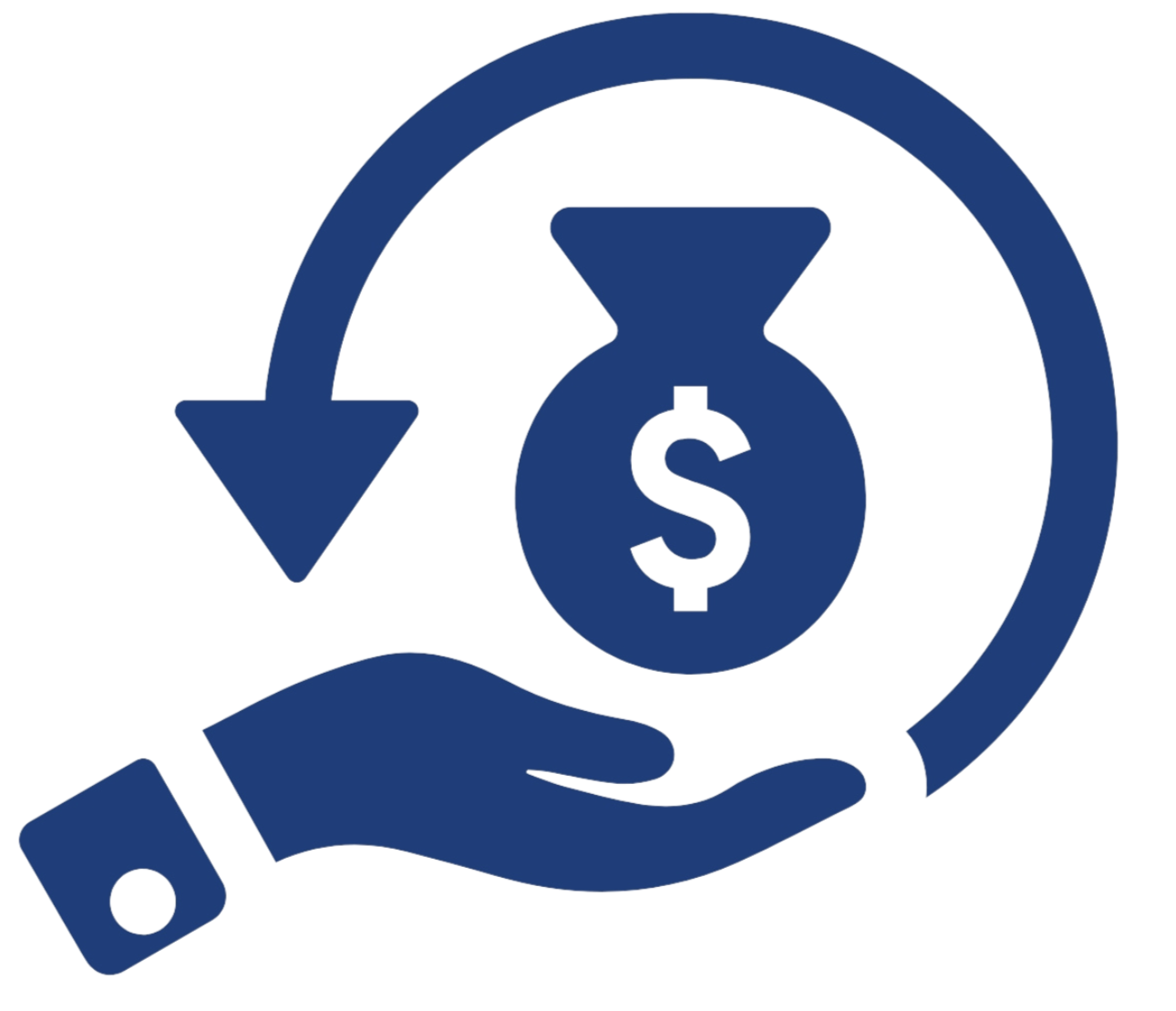 Hand holding a dollar sign in front of a circular arrow and a downward arrow, representing financial transaction or money transfer.