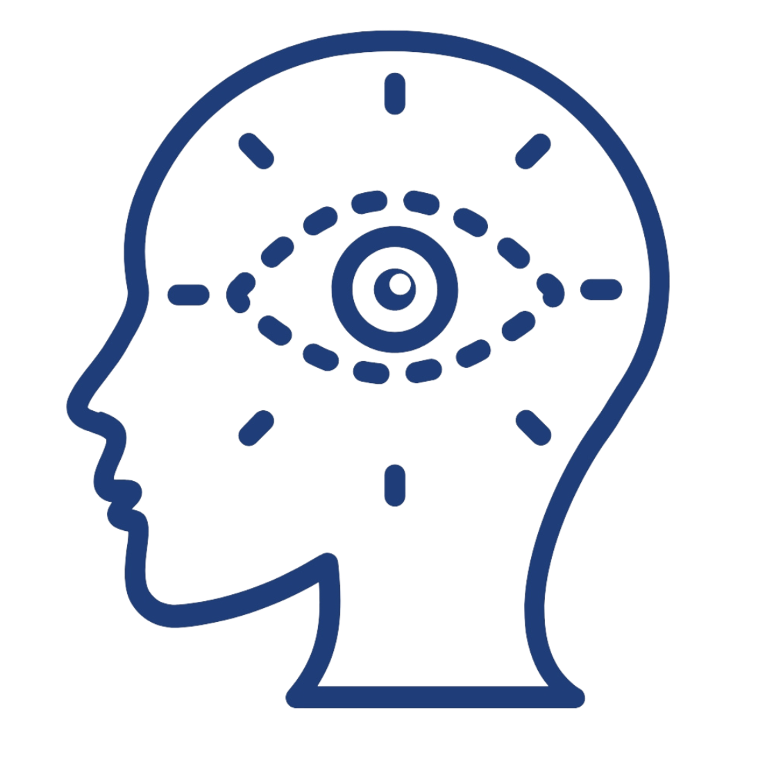 Outline of a human head in profile with a pattern of dotted lines and circles inside the brain area, representing mental or cognitive processes.