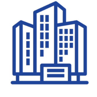 Outline of a modern cityscape with multiple tall buildings, some with window patterns.