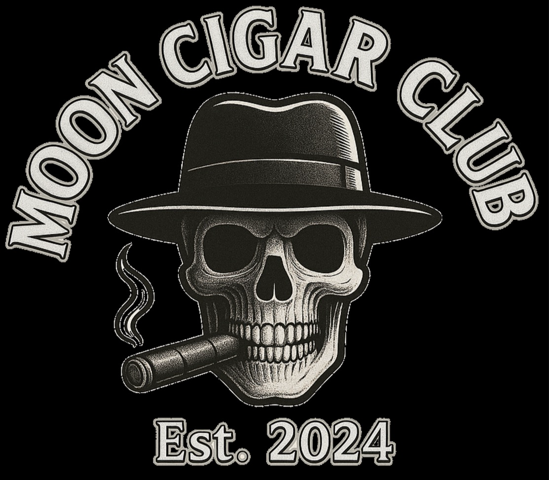 Design for the Moon Cigar Club featuring a skull wearing a fedora hat, smoking a cigar, with text 'Moon Cigar Club Est. 2024' around it.