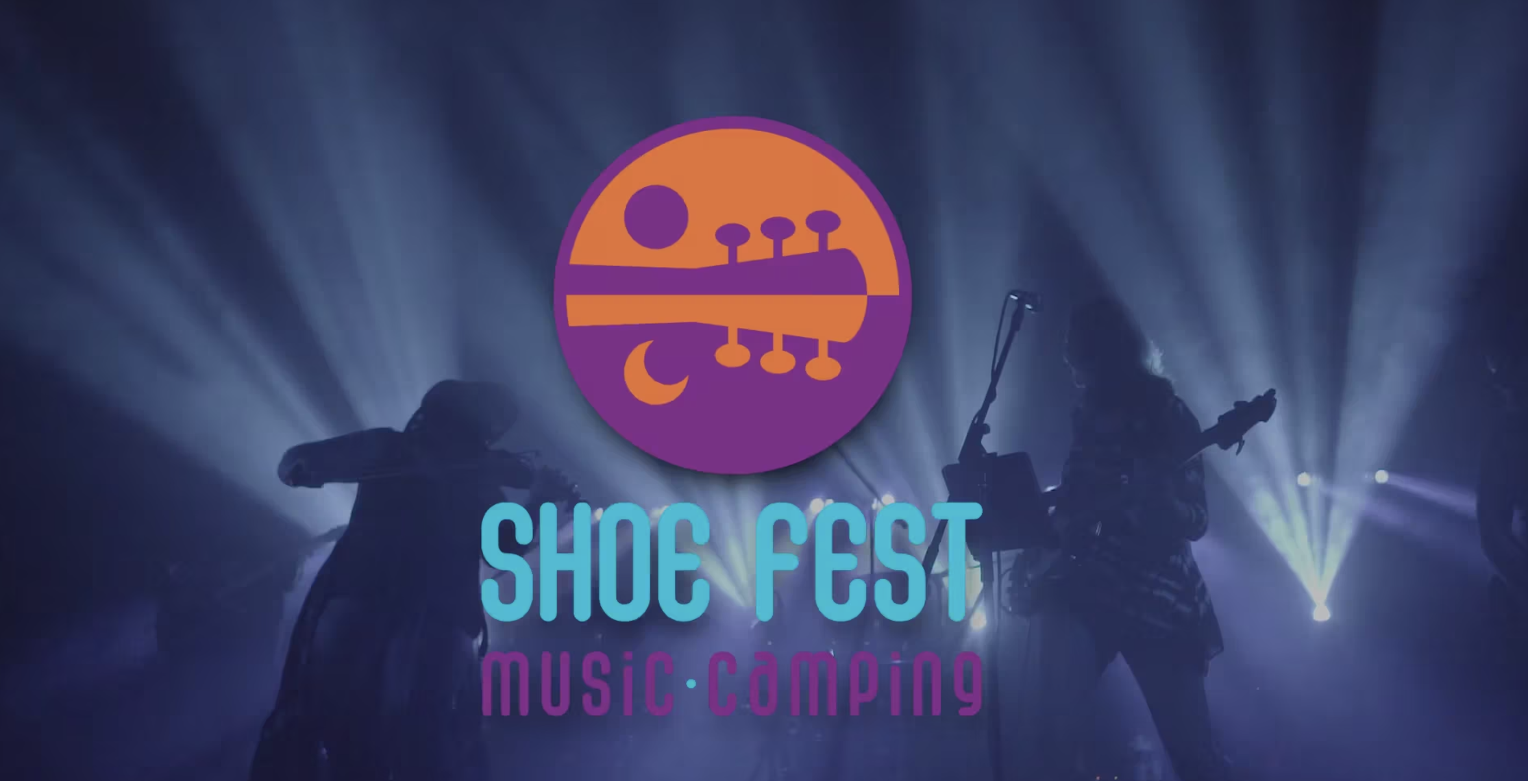 Silhouettes of musicians performing with stage lights and fog, with a colorful circular logo above that features abstract shapes and a crescent moon, and text below that reads "SHOE FEST MUSIC CAMPING."