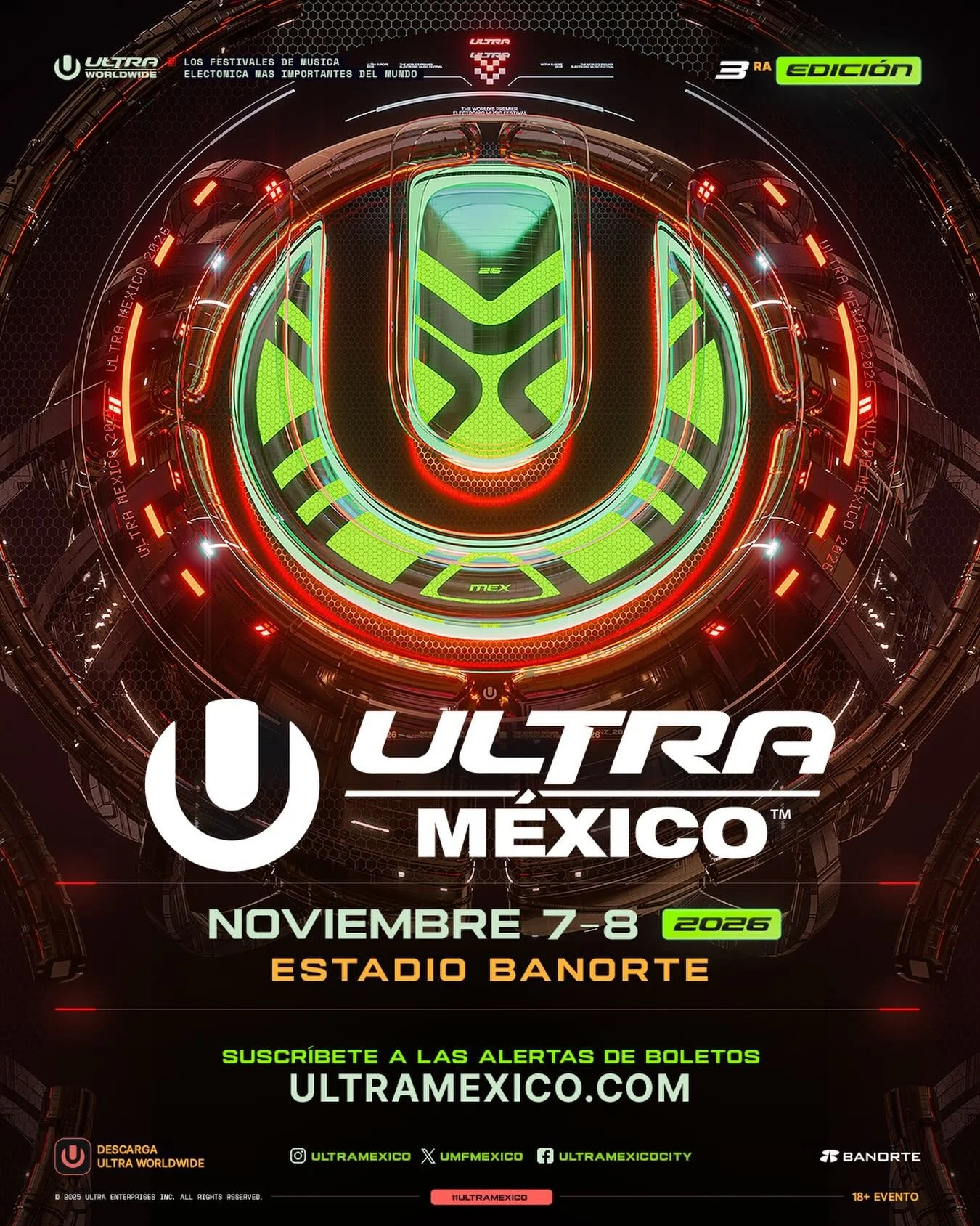 Flyer oficial de Ultra México 2026 con fechas en el Estadio Banorte