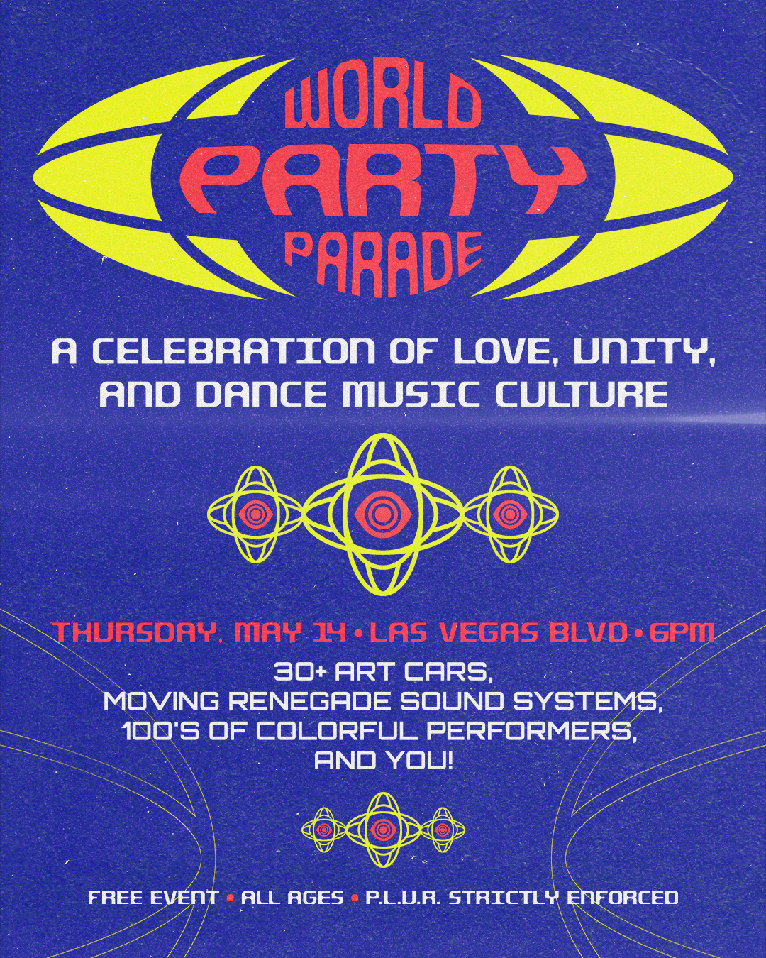 Flyer oficial del World Party Parade de Insomniac en el Las Vegas Strip, mayo 2026