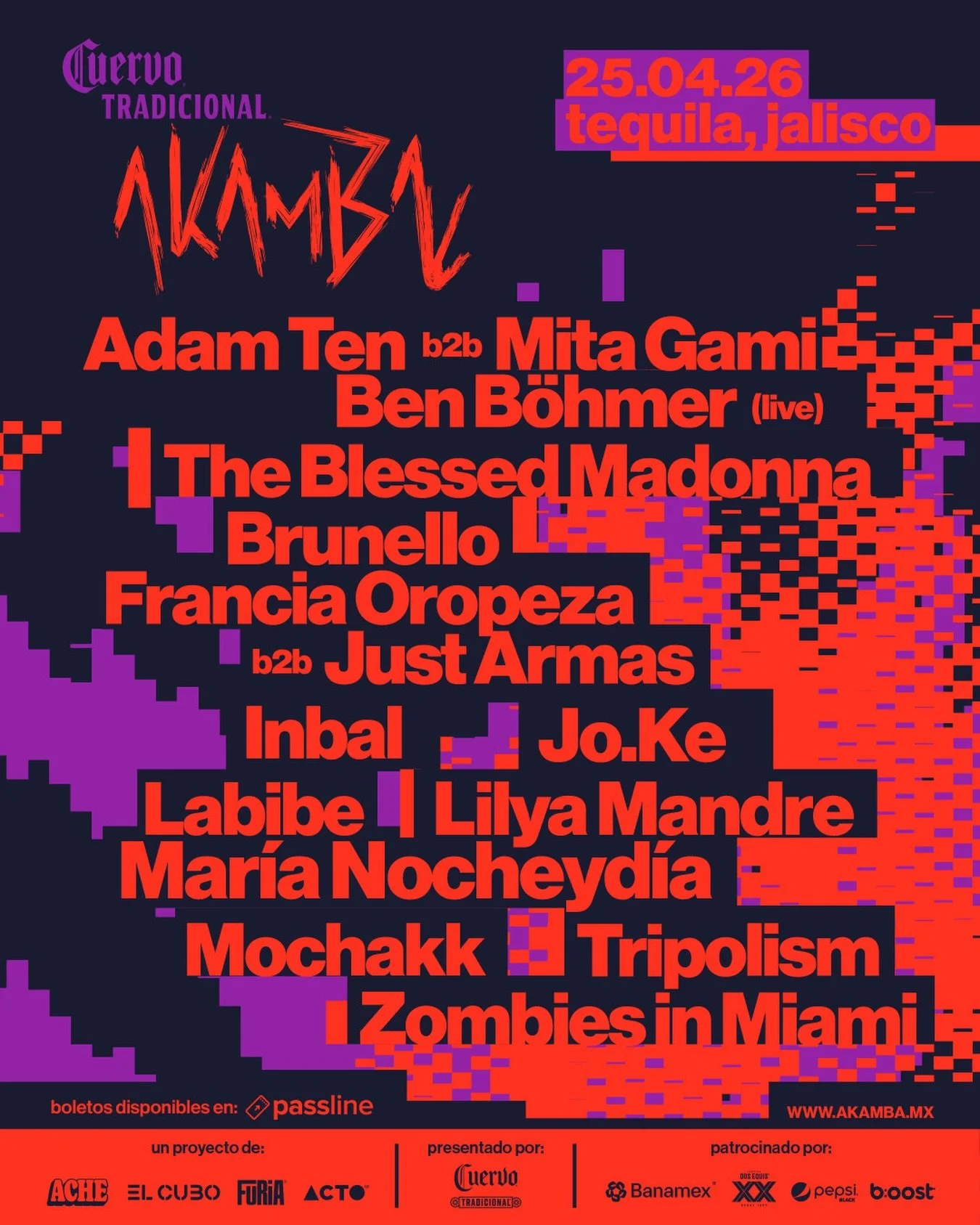 Cartel oficial del lineup del festival Akamba 2026 con artistas confirmados