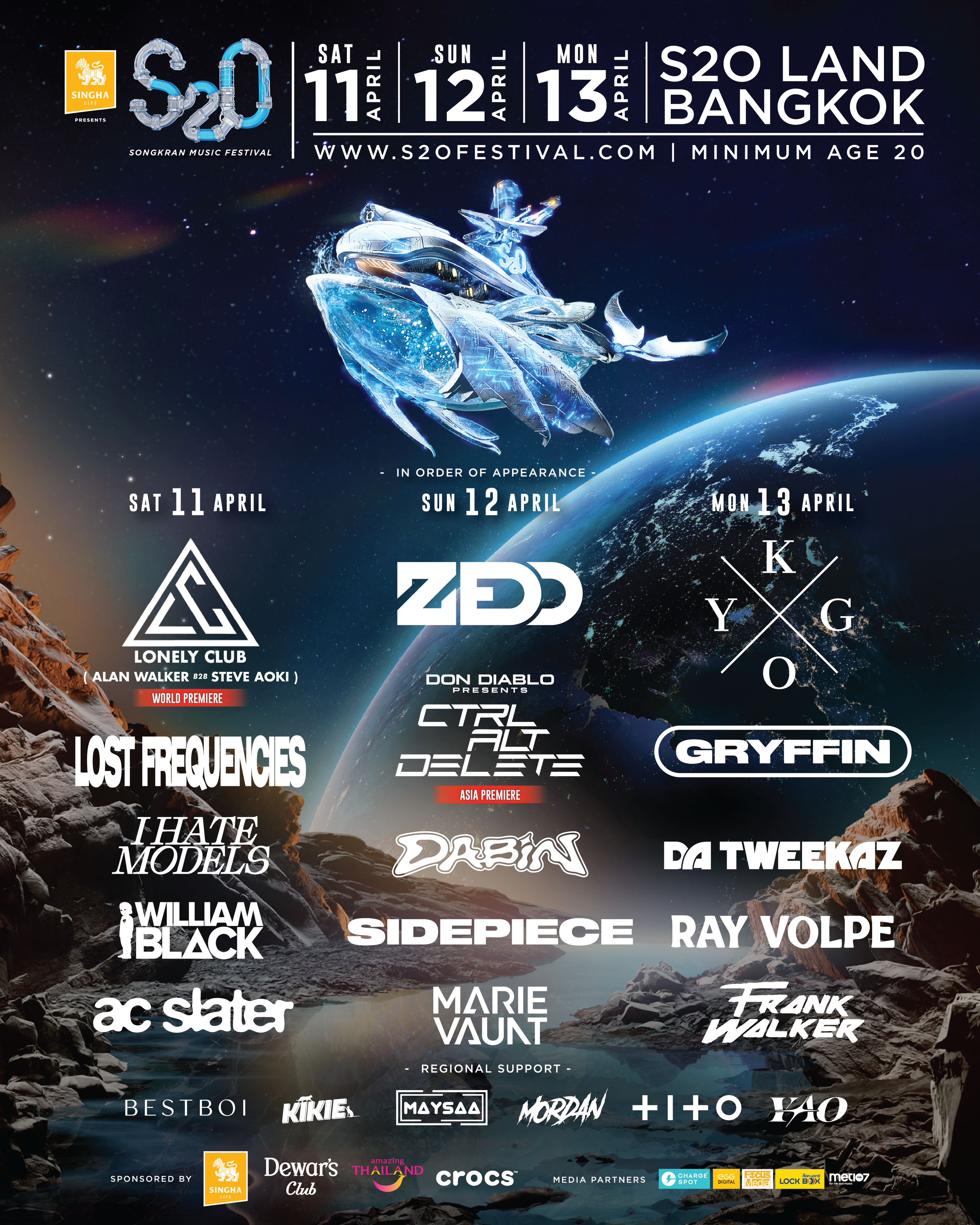 Lineup oficial del S2O Festival Thailand 2026 con Alan Walker, Zedd, Kygo y más artistas