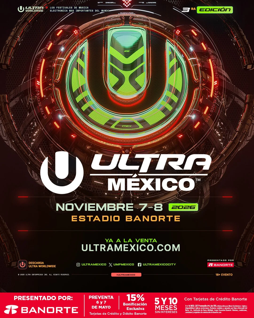 Flyer oficial de la preventa Banorte para Ultra México 2026 con fechas y sede en CDMX