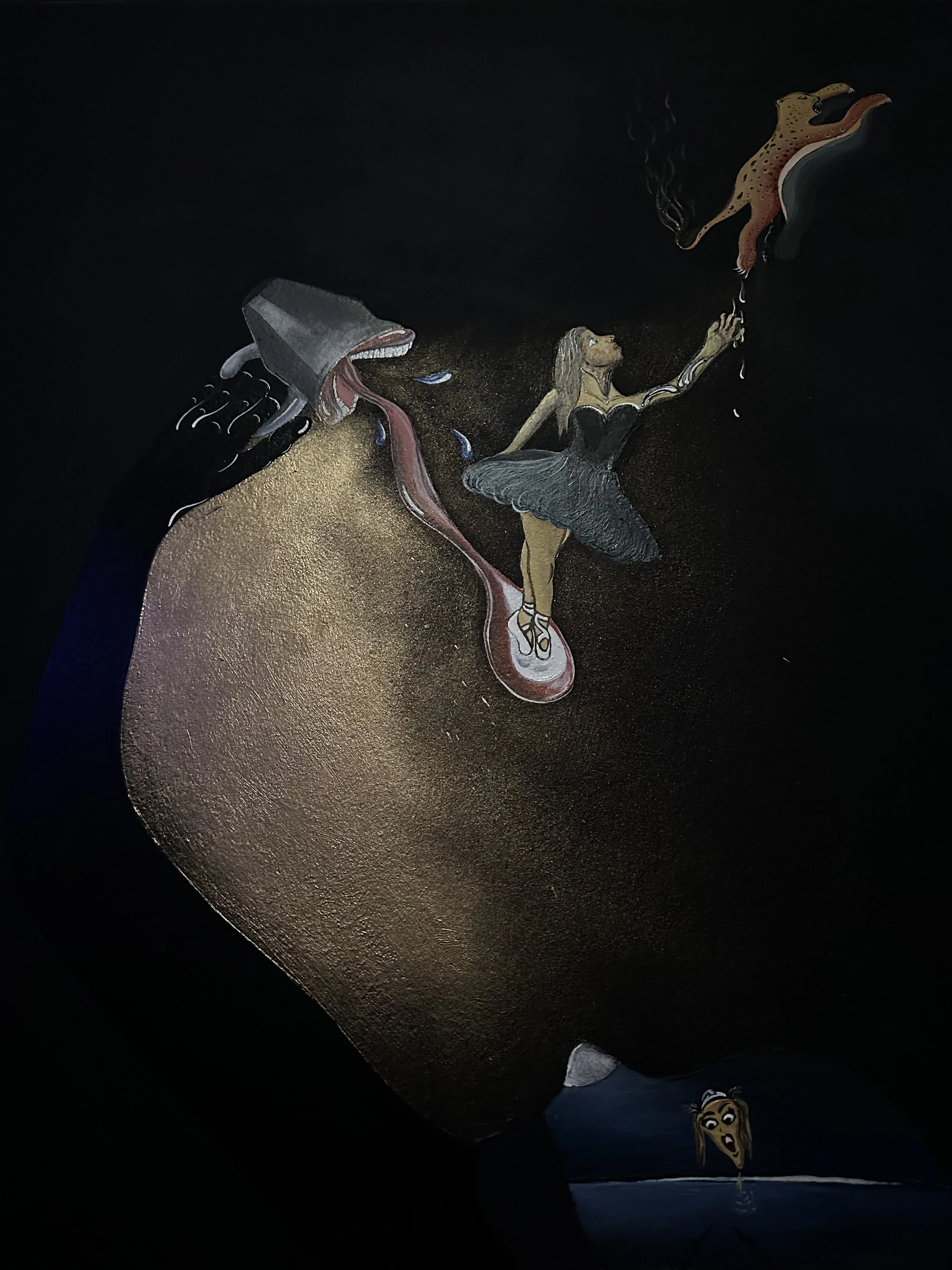 An abstract artwork featuring exaggerated female figures, animals, and surreal elements on a dark background.