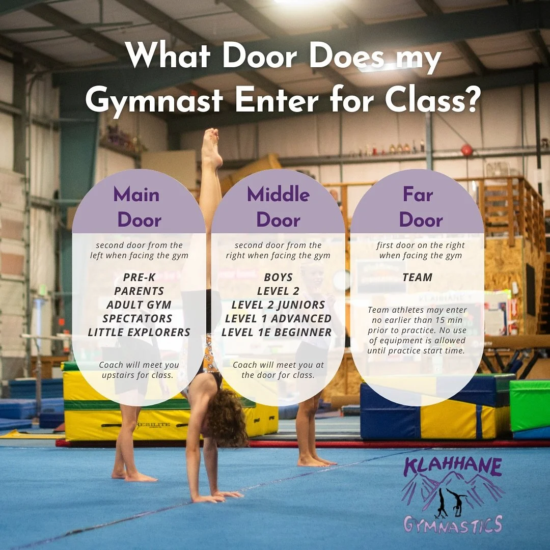 Not sure which door your gymnast should use for class? We&rsquo;ve got you covered. 

Check this guide before you arrive so your gymnast is in the right spot and ready to go!

*signs are also posted on the doors* 

#klahhanegymnastics #recgymnastics 