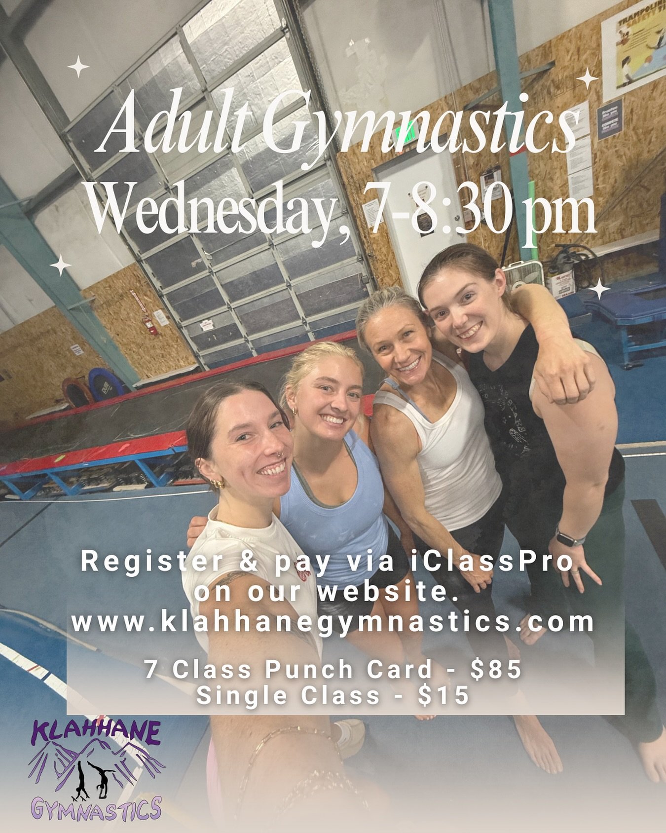 Have you been curious to try our adult gymnastics class? 🤸&zwj;♀️

Join us Wednesday nights, 7&ndash;8:30 pm!

New to gymnastics? We&rsquo;ll show you the basics. Already experienced? Perfect this is your space too.

7 class punch card - $85
Single 