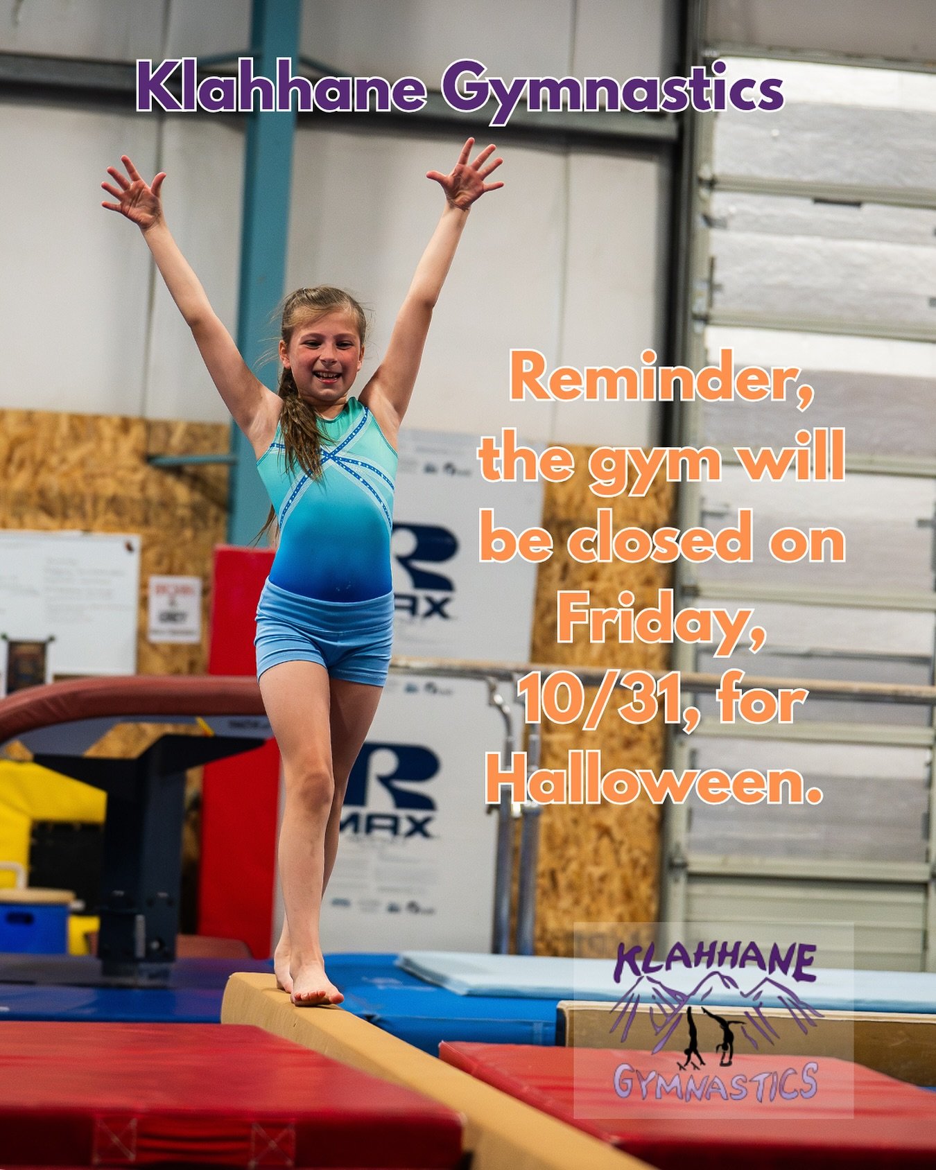 No tricks here &mdash; just a quick treat of a reminder! 🍬
Klahhane will be closed on Friday, 10/31, for Halloween.

That means no classes or team practice. Have a fun and safe night, gymnasts! 

#klahhanegymnastics