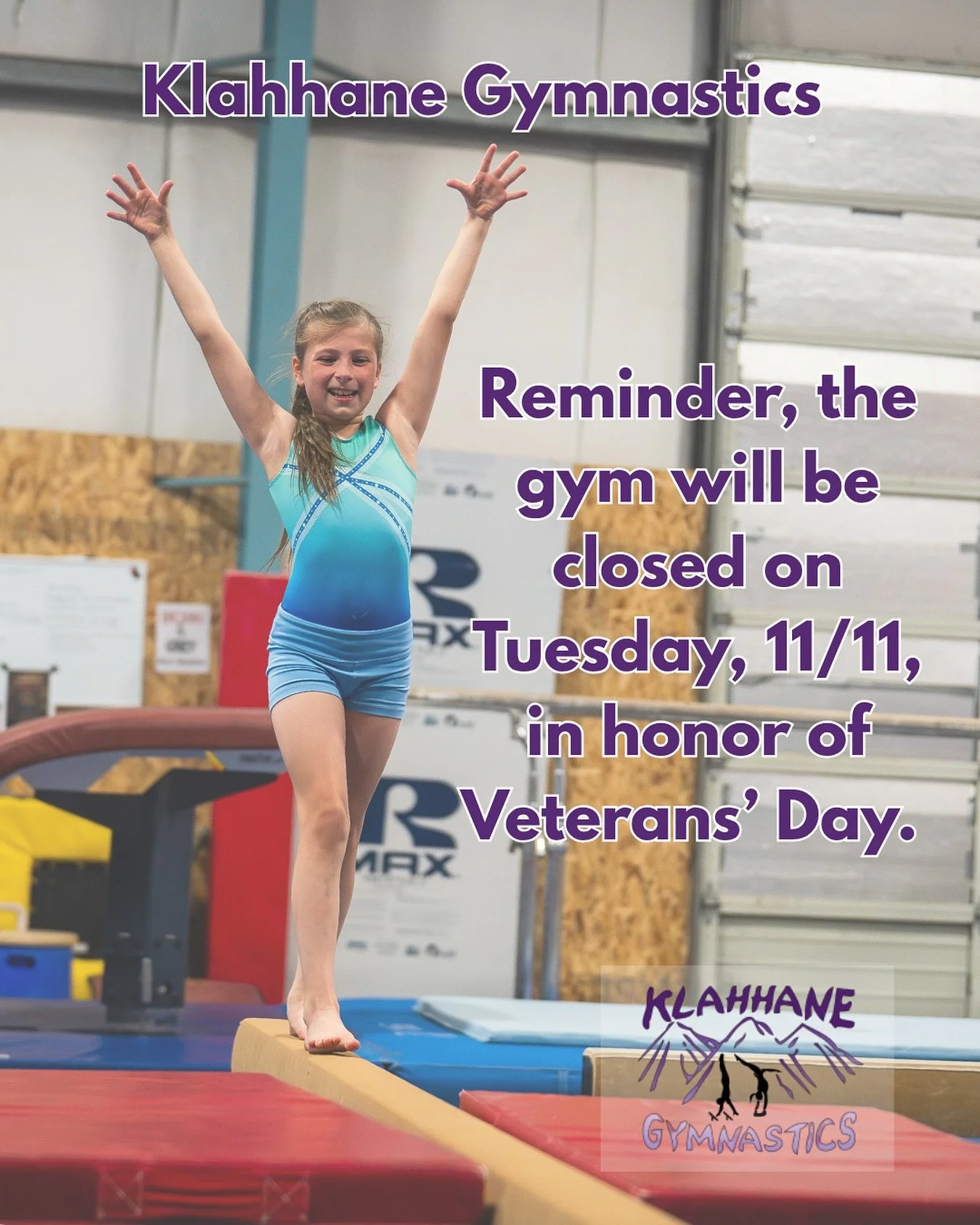 🇺🇸 The gym will be closed on Tuesday, November 11 in honor of Veterans Day.

Thank you to all who have served! 💙❤️

#klahhanegymnastics