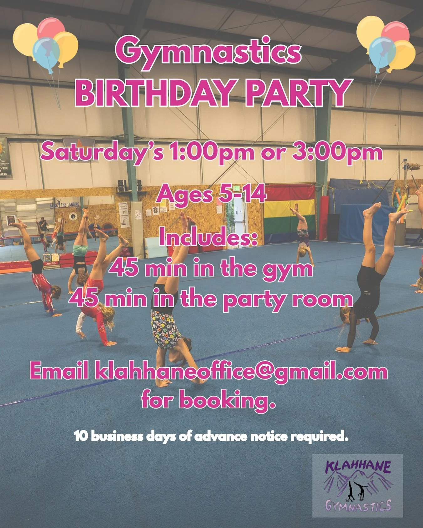 🎉 Party spot available! 🎉
We have an opening for a birthday party this Saturday, 11/15 at 1:00pm!

Celebrate with 45 minutes of fun in the gym (obstacle courses, trampolines, bars &amp; more!) and 45 minutes in our party space for cake, snacks, and