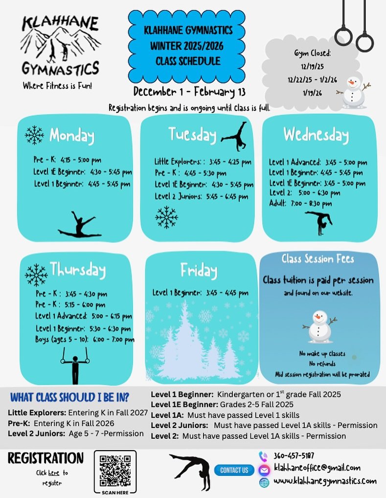 ❄️ Our Winter 2025/2026 Class Schedule is here! ❄️

🗓️ Classes run December 1 &ndash; February 13. 

Priority Registration is open for current students now through November 16th. New or returning students can register starting November 17th. 

Space